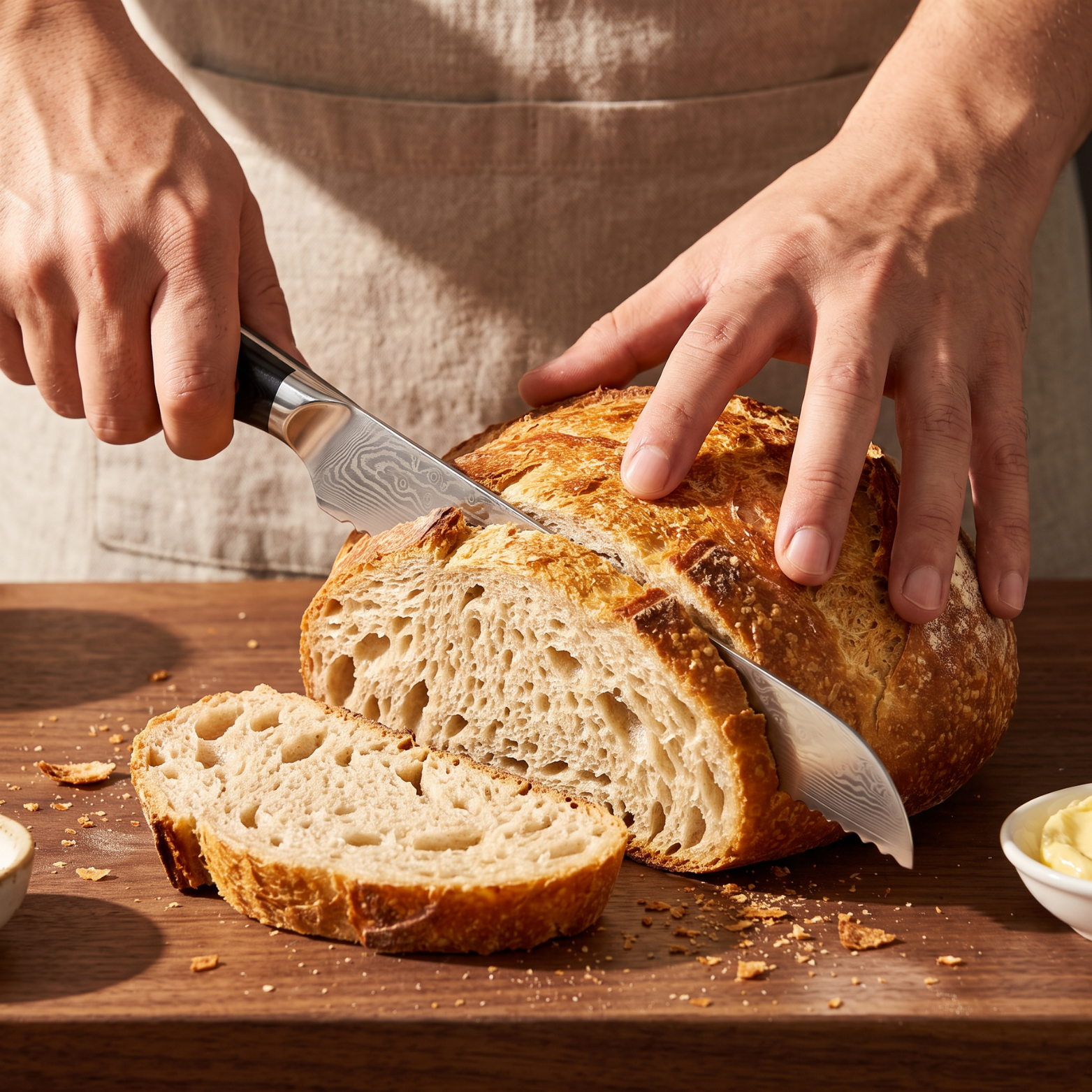 Image of Pro Chefly 8-inch Damascus bread knife with black triple-riveted handle, slicing a sourdough boule on a walnut board