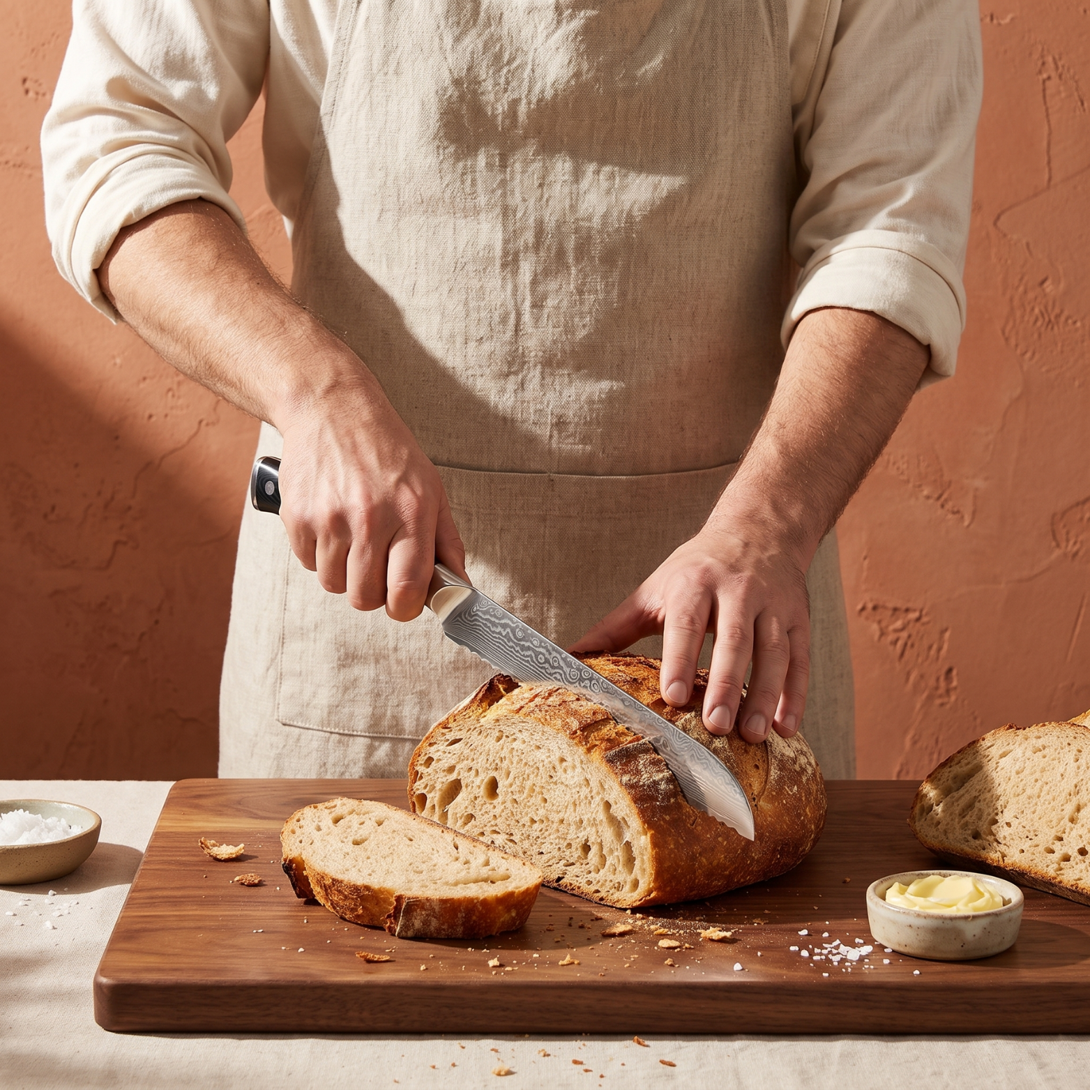 Pro Chefly 8-inch Damascus bread knife with black triple-riveted handle, slicing sourdough against a terracotta wall