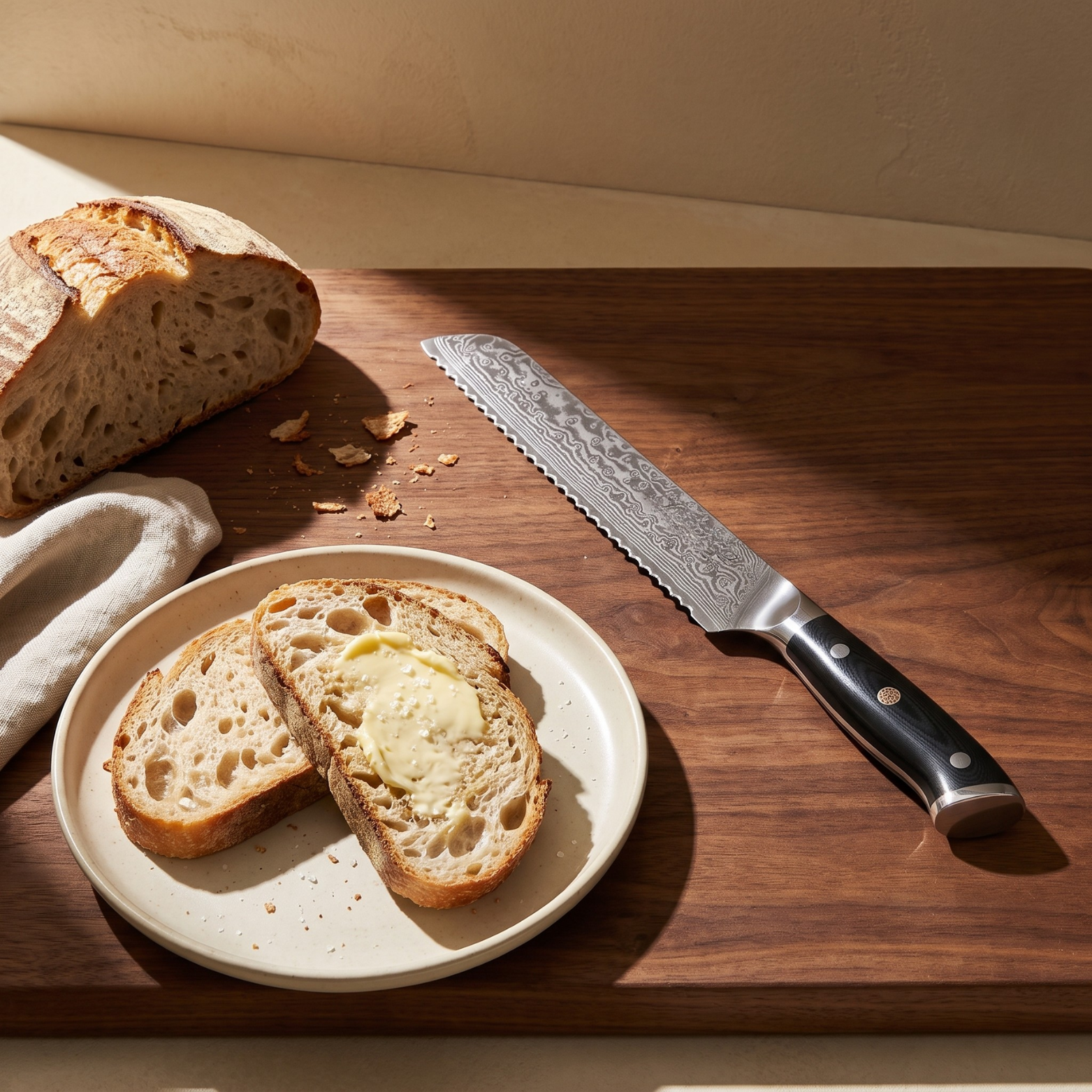 Image of Pro Chefly 8-inch Damascus bread knife with black triple-riveted handle, on a walnut board with buttered sourdough on a plate