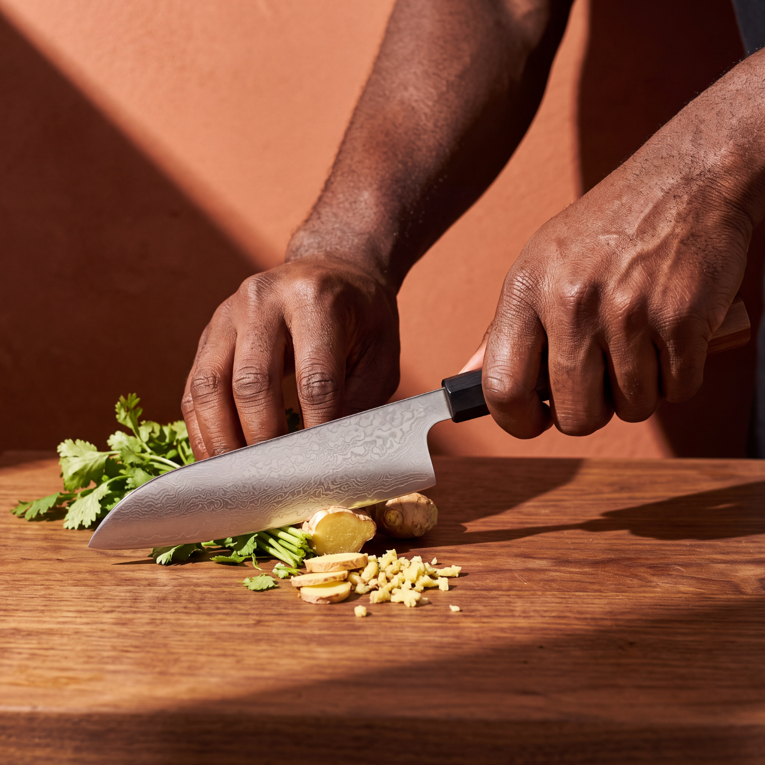 Image of Pro Chefly 7-inch Damascus santoku knife with rosewood wa handle, mincing ginger and cilantro on a walnut board