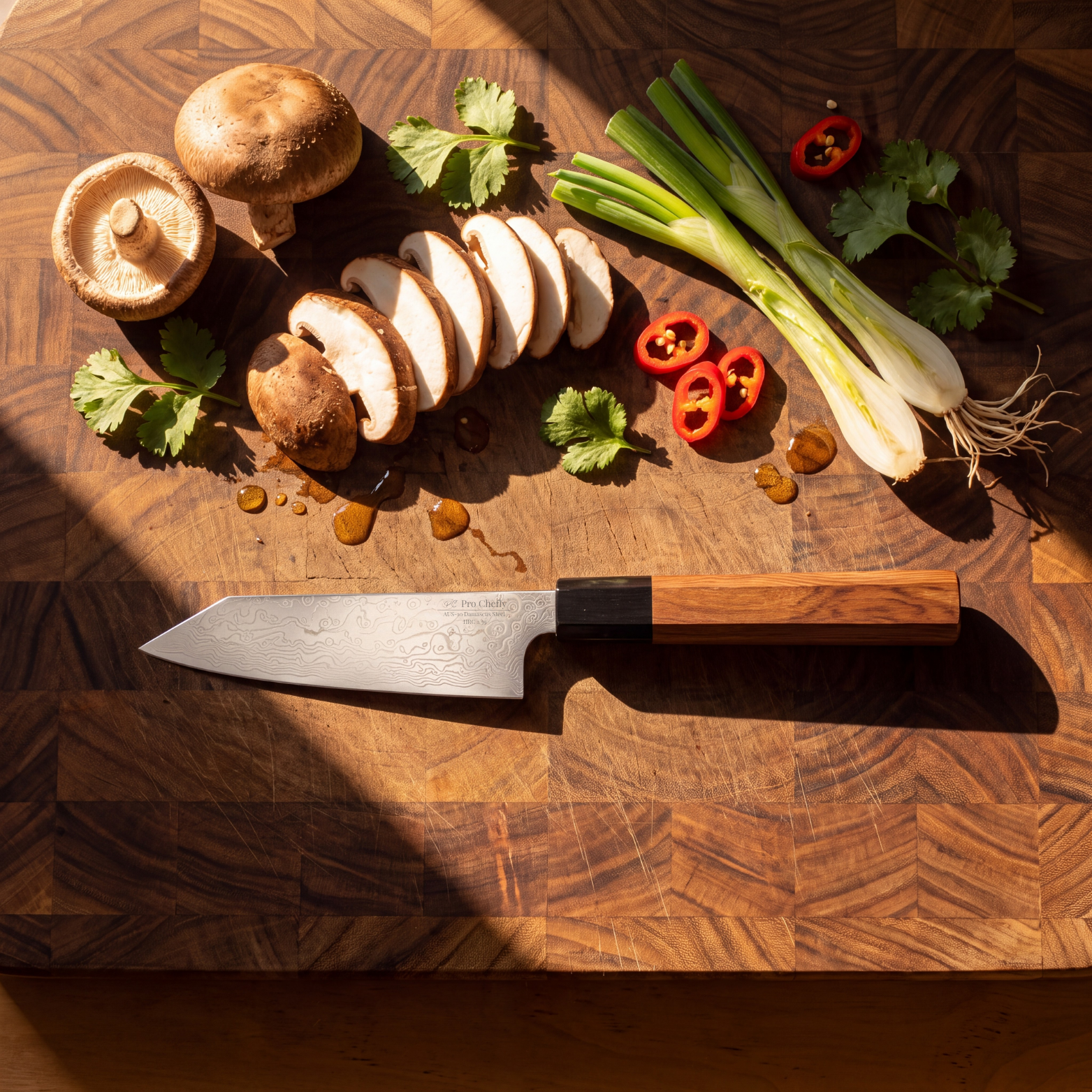 Pro Chefly 5-inch Damascus mini bunka knife with rosewood wa handle, overhead with shiitake mushrooms, scallions and chili