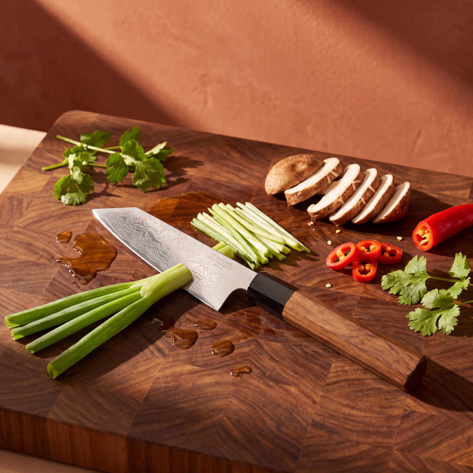 Pro Chefly 5-inch Damascus mini bunka knife with rosewood wa handle, on a walnut board with scallions, shiitake and chili