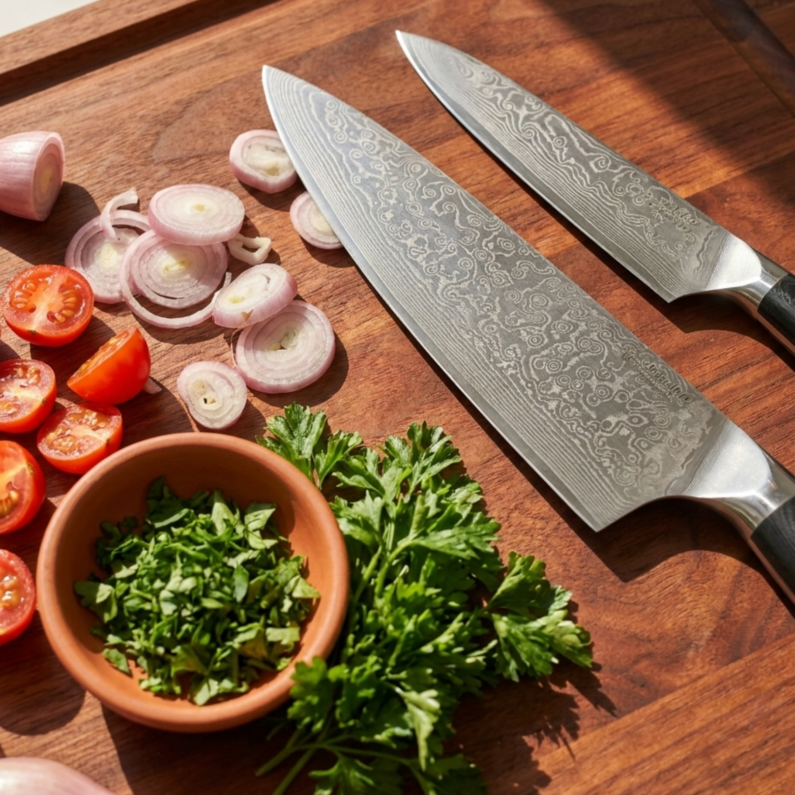Image of Pro Chefly 2-piece Damascus knife set with black triple-riveted G10 handles, on a walnut board with shallots, tomatoes and parsley