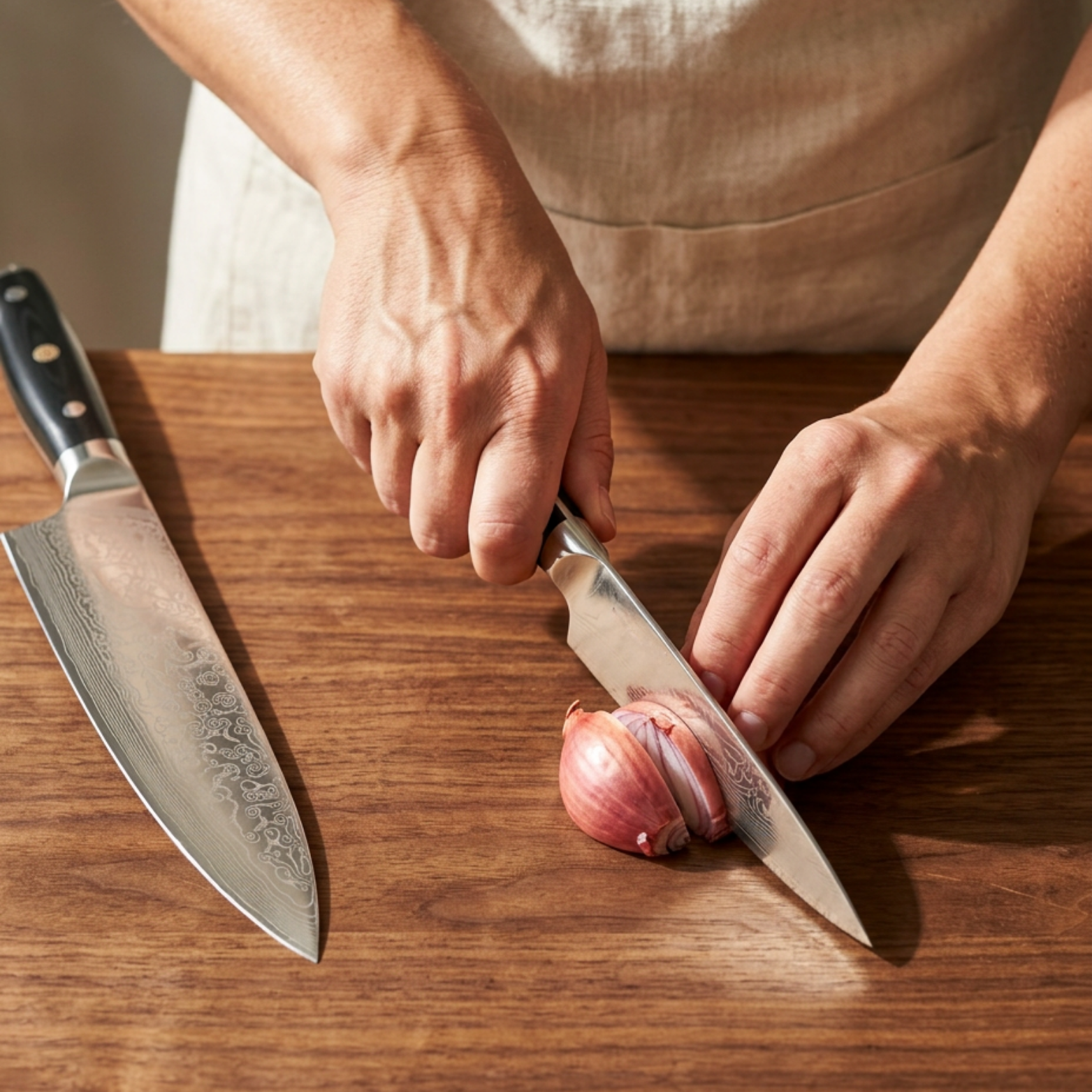 Image of Pro Chefly 2-piece Damascus knife set with black triple-riveted G10 handles, slicing a shallot on a walnut board