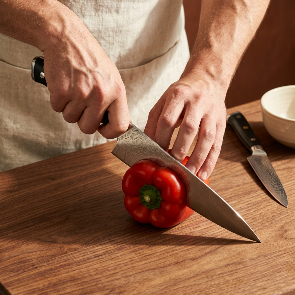 Pro Chefly 2-piece Damascus knife set with black triple-riveted G10 handles, slicing a red bell pepper on a walnut board