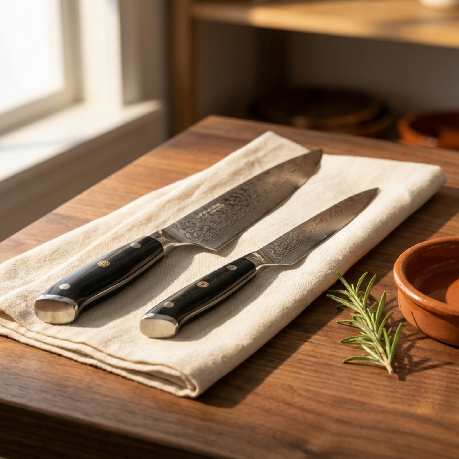 Image of Pro Chefly 2-piece Damascus knife set with black triple-riveted G10 handles, on a linen napkin by a sunlit window