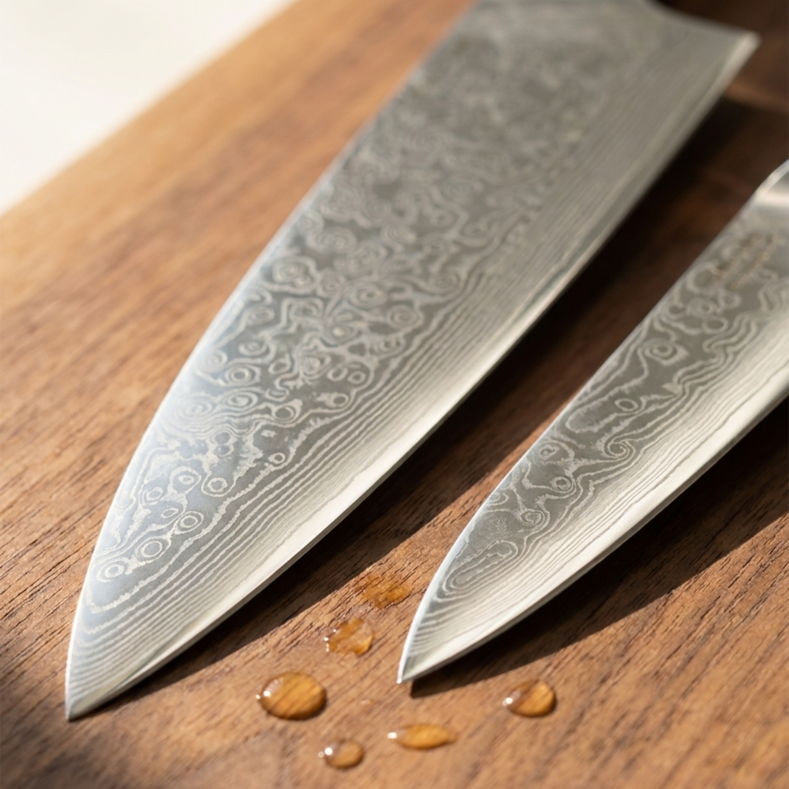 Image of Pro Chefly 2-piece Damascus knife set, close-up of both Damascus blades on walnut