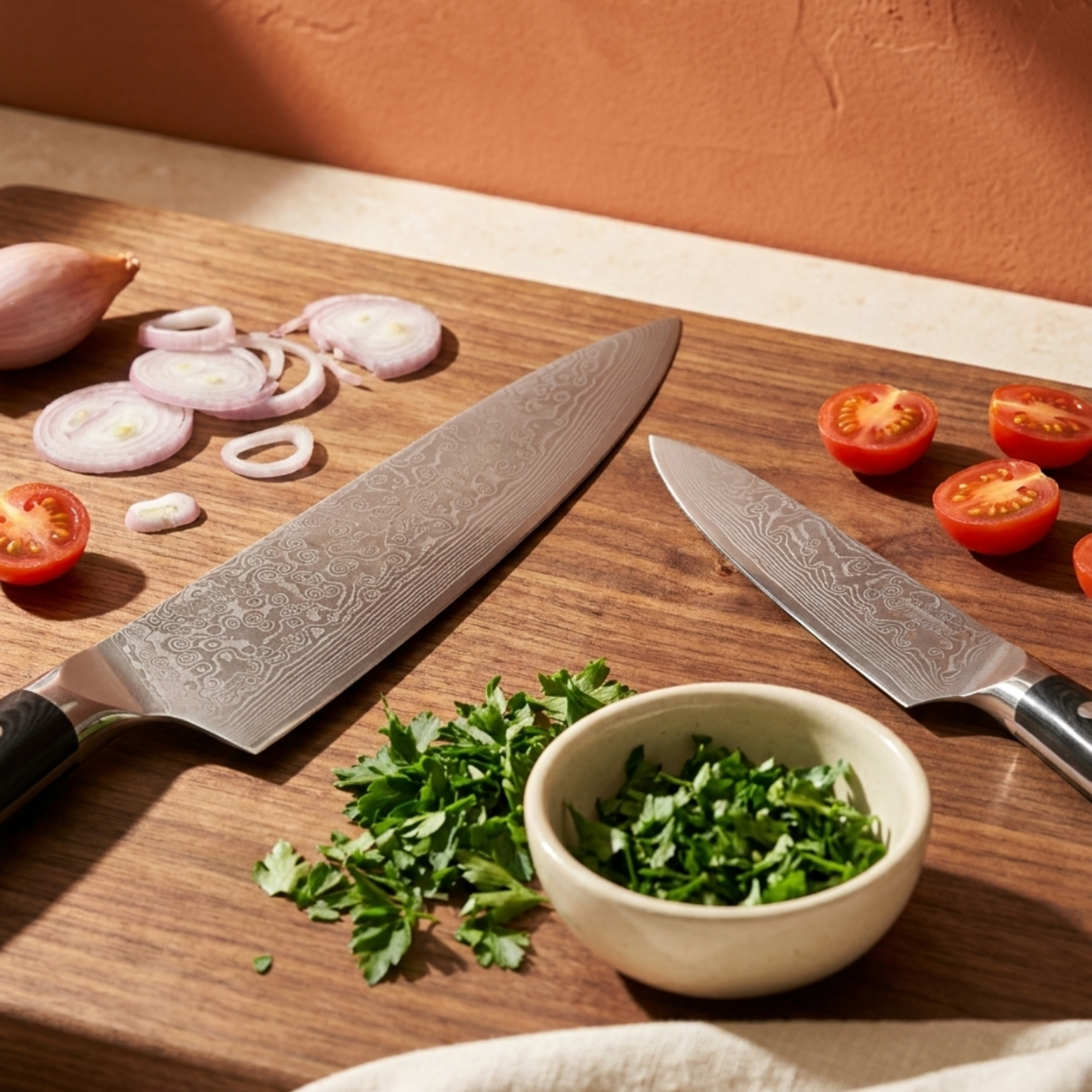 Image of Pro Chefly 2-piece Damascus knife set with black triple-riveted G10 handles, on a board with shallots, cherry tomatoes and parsley