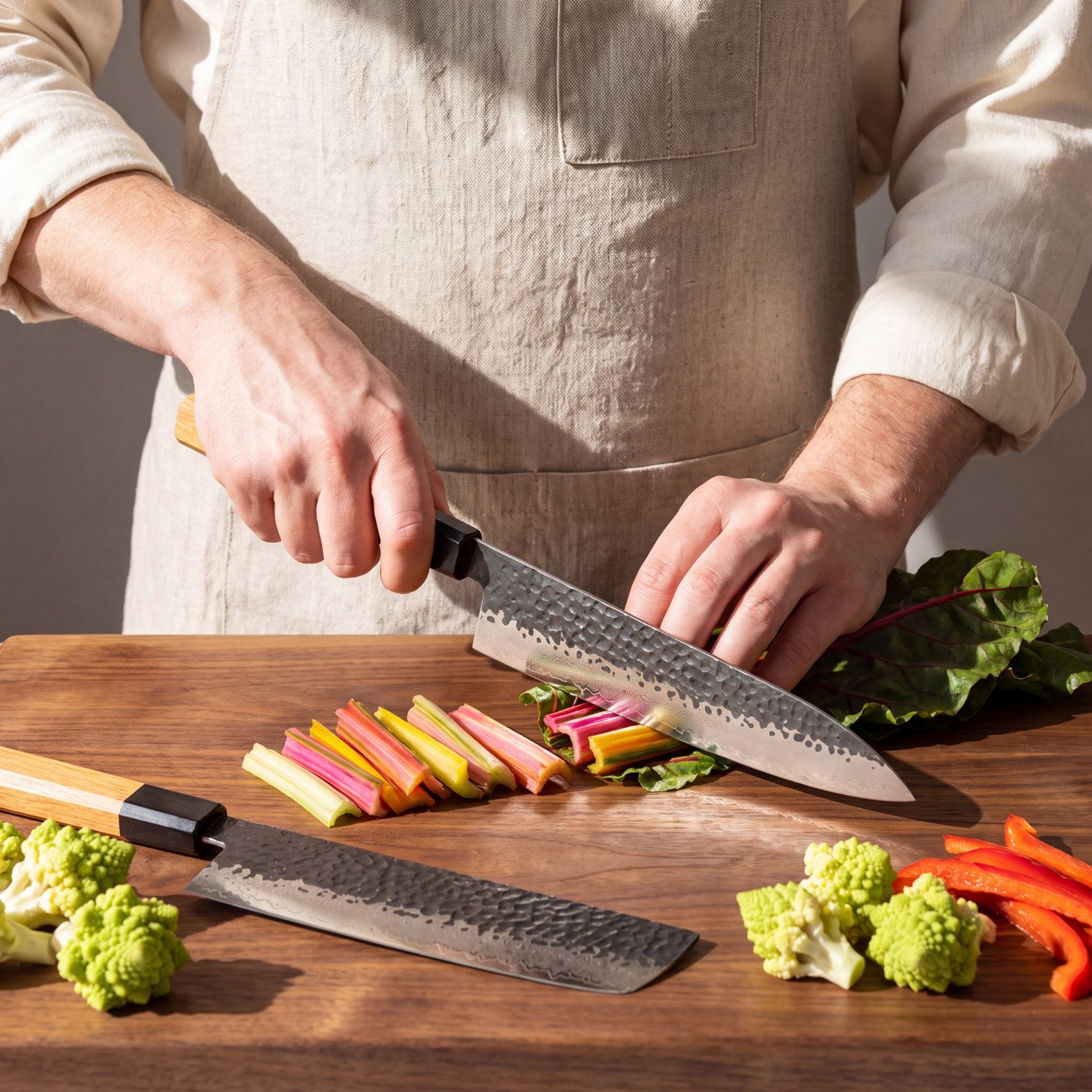 Pro Chefly 2-piece Damascus knife set with olivewood wa handles, slicing rainbow chard on a walnut board