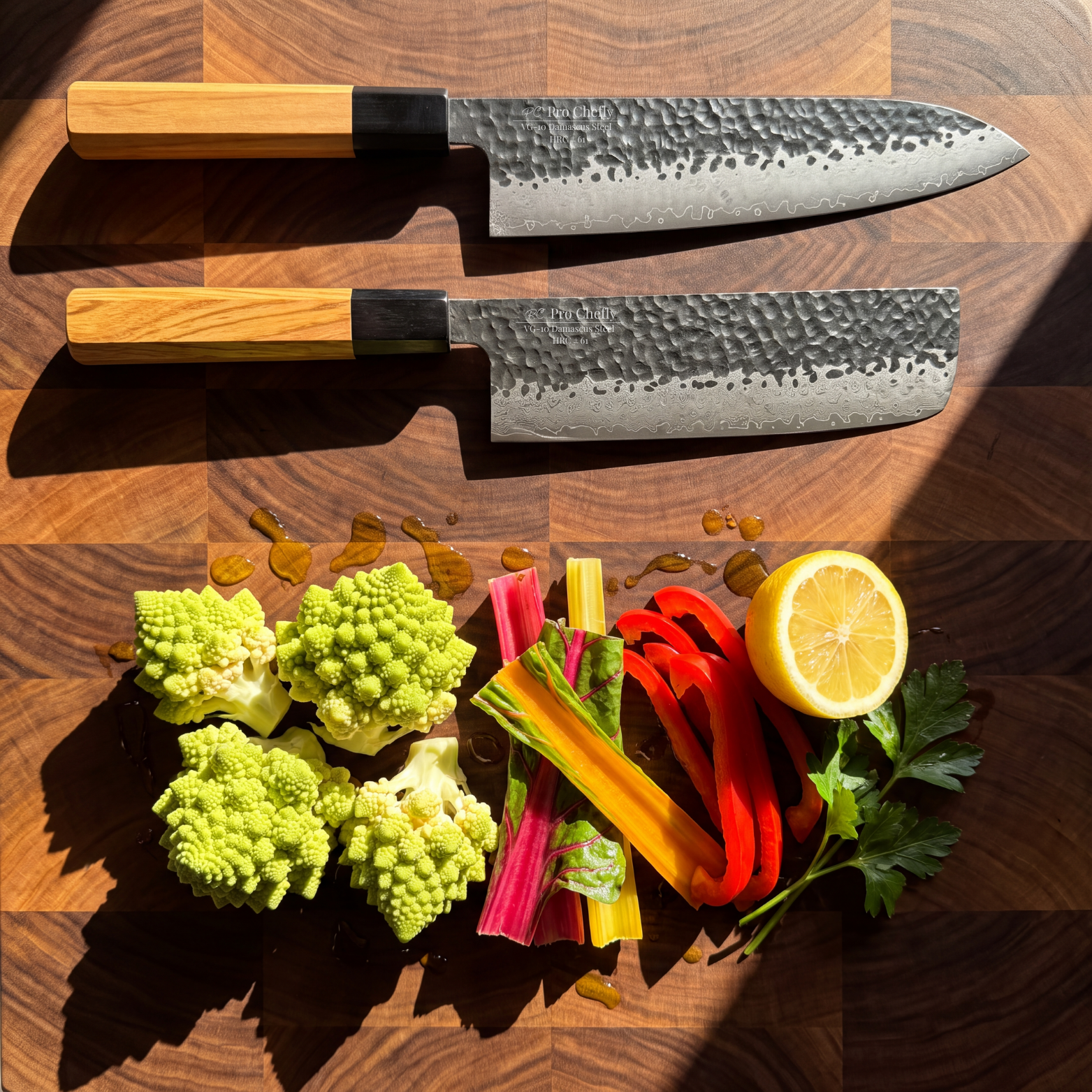 Image of Pro Chefly 2-piece Damascus knife set with olivewood wa handles, overhead with romanesco, rainbow chard, red pepper and lemon