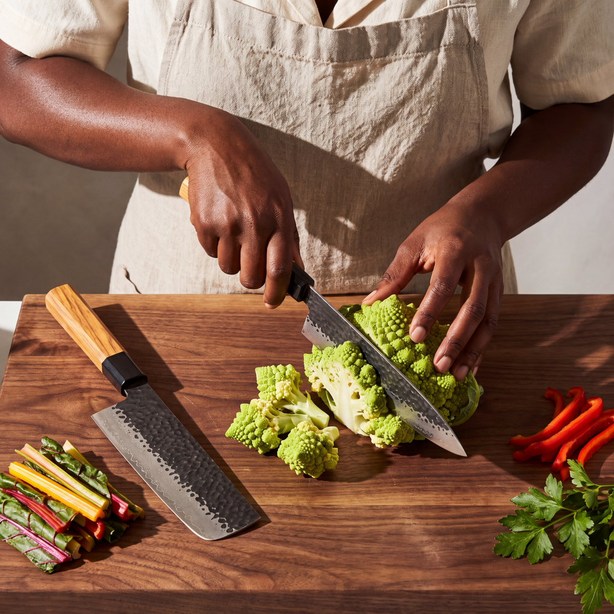 Pro Chefly 2-piece Damascus knife set with olivewood wa handles, cutting romanesco on a walnut board