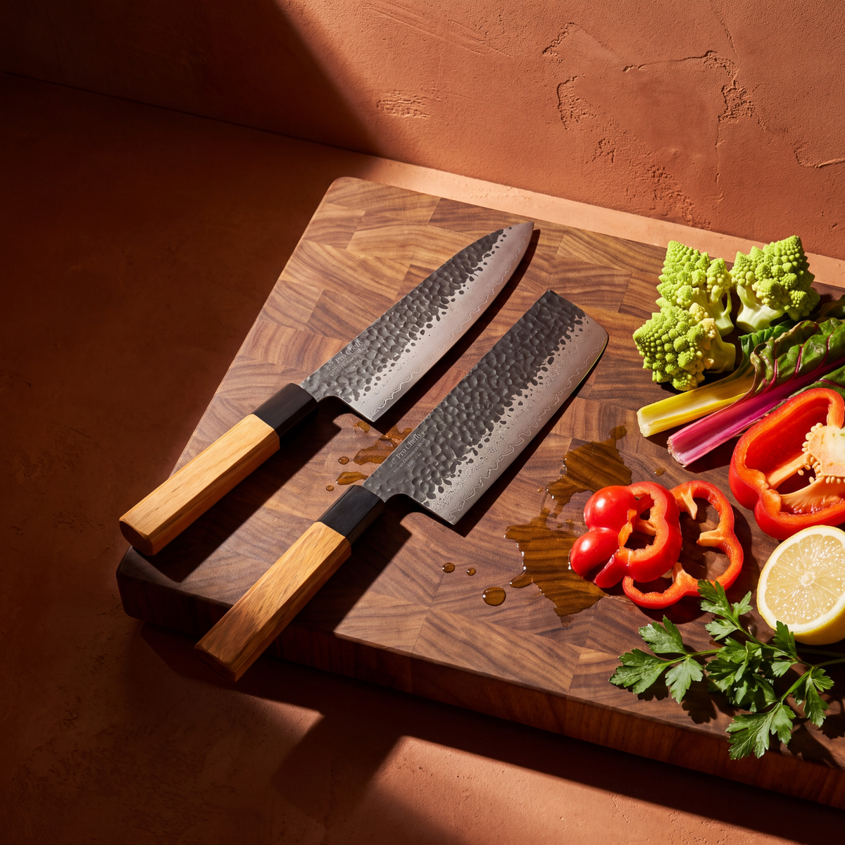 Pro Chefly 2-piece Damascus knife set with olivewood wa handles, on a board with romanesco, chard and red pepper