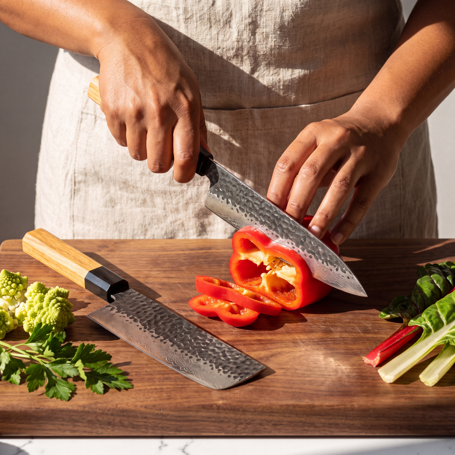 Image of Pro Chefly 2-piece Damascus knife set with olivewood wa handles, slicing red bell pepper on a walnut board