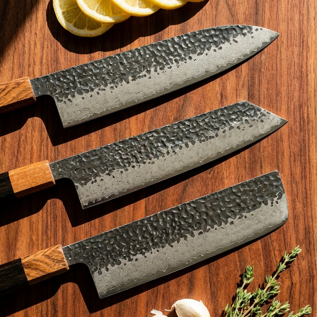 Pro Chefly 3-piece Damascus knife set with black-and-amber pakkawood wa handles, overhead with lemon, garlic and thyme