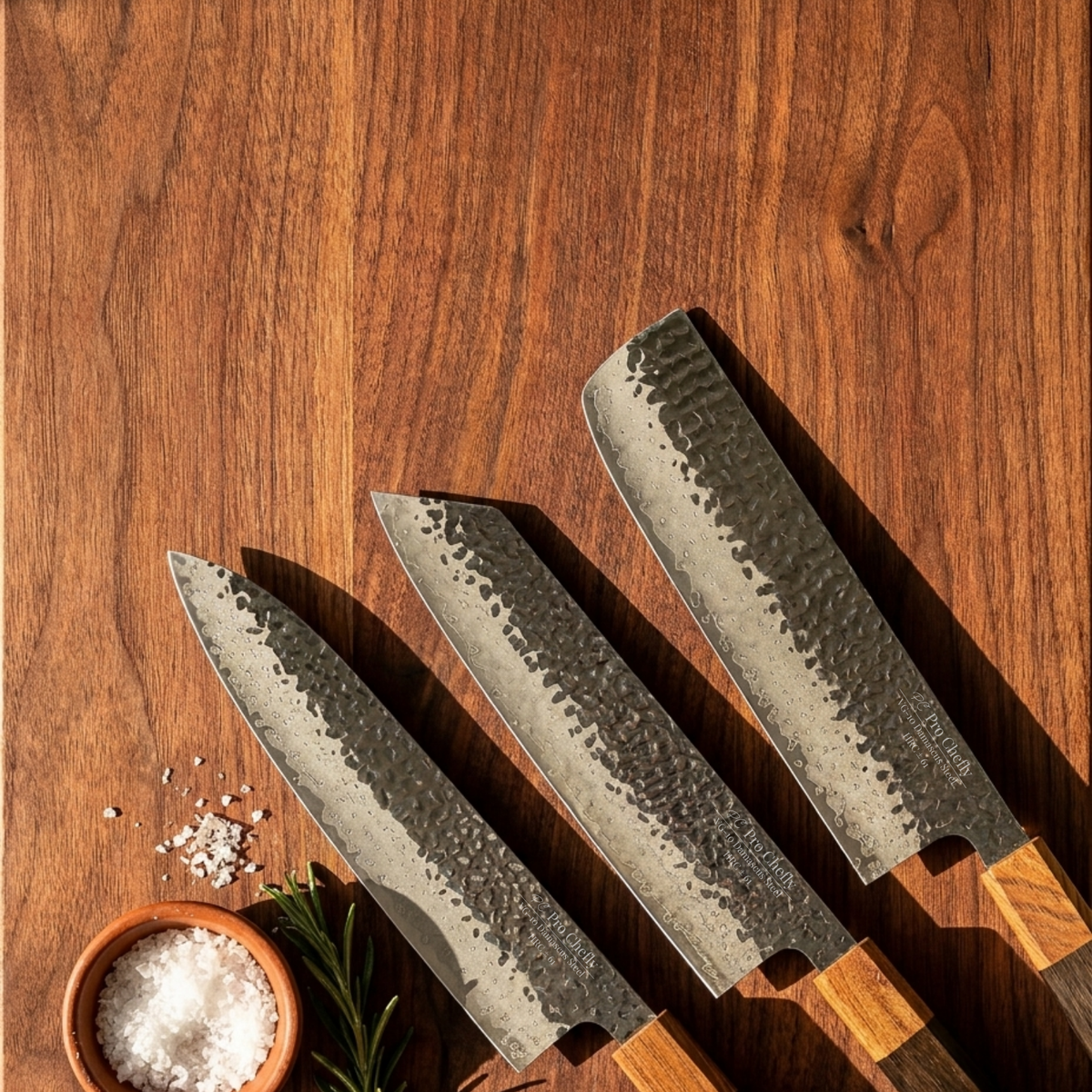Pro Chefly 3-piece Damascus knife set with black-and-amber pakkawood wa handles, fanned on walnut with a salt bowl and rosemary