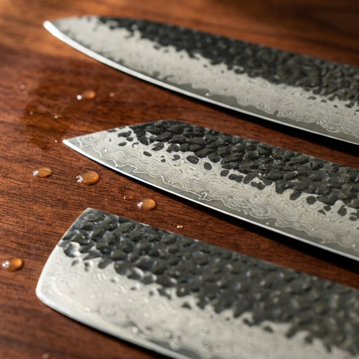 Pro Chefly 3-piece Damascus knife set, close-up of the hammered Damascus blades with water droplets