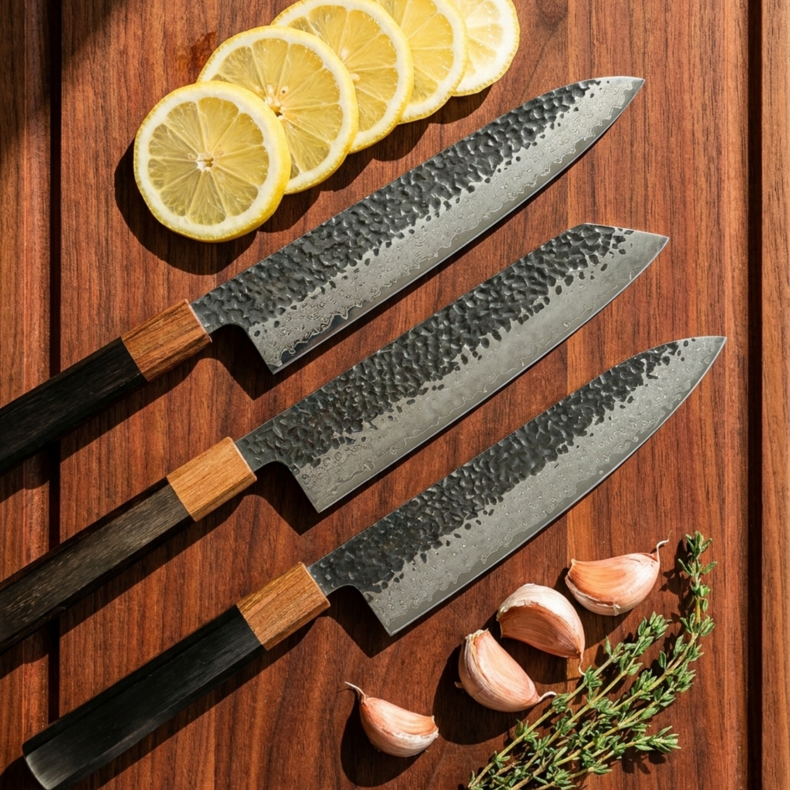 Image of Pro Chefly 3-piece Damascus knife set with black-and-amber pakkawood wa handles, overhead with lemon slices, garlic and thyme