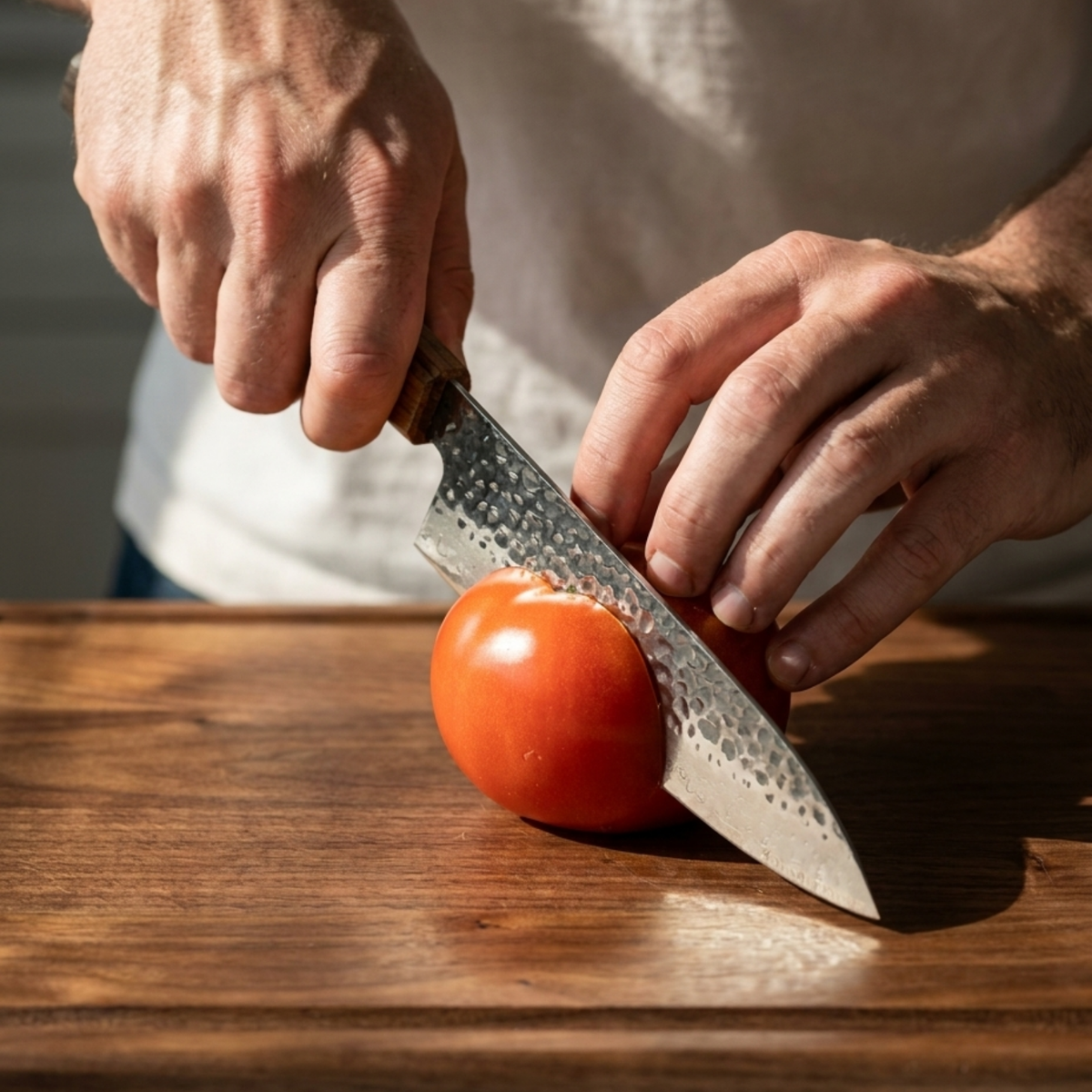 Pro Chefly 3-piece Damascus knife set with black-and-amber pakkawood wa handle, slicing a tomato on a walnut board