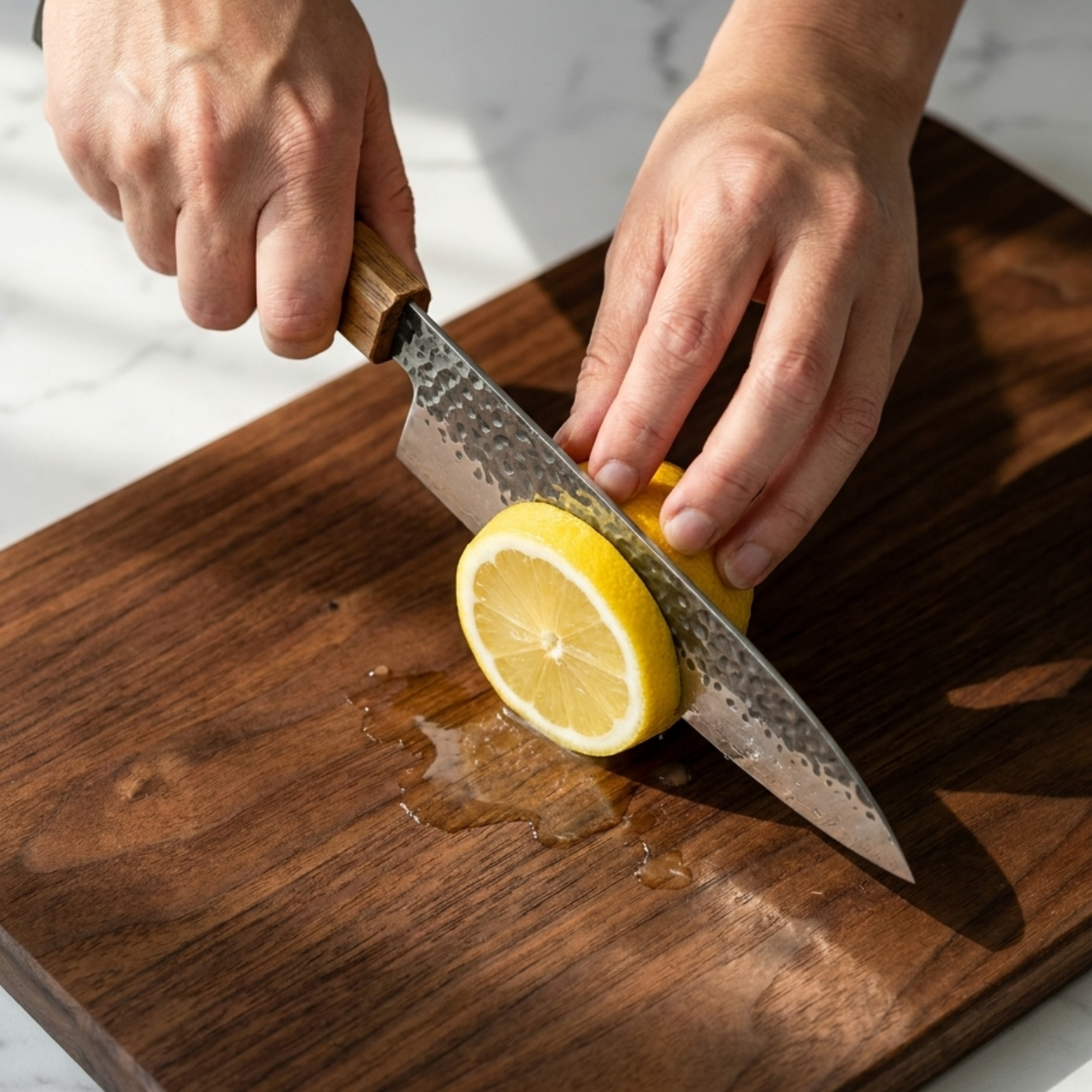 Image of Pro Chefly 3-piece Damascus knife set with black-and-amber pakkawood wa handle, slicing a lemon on a walnut board