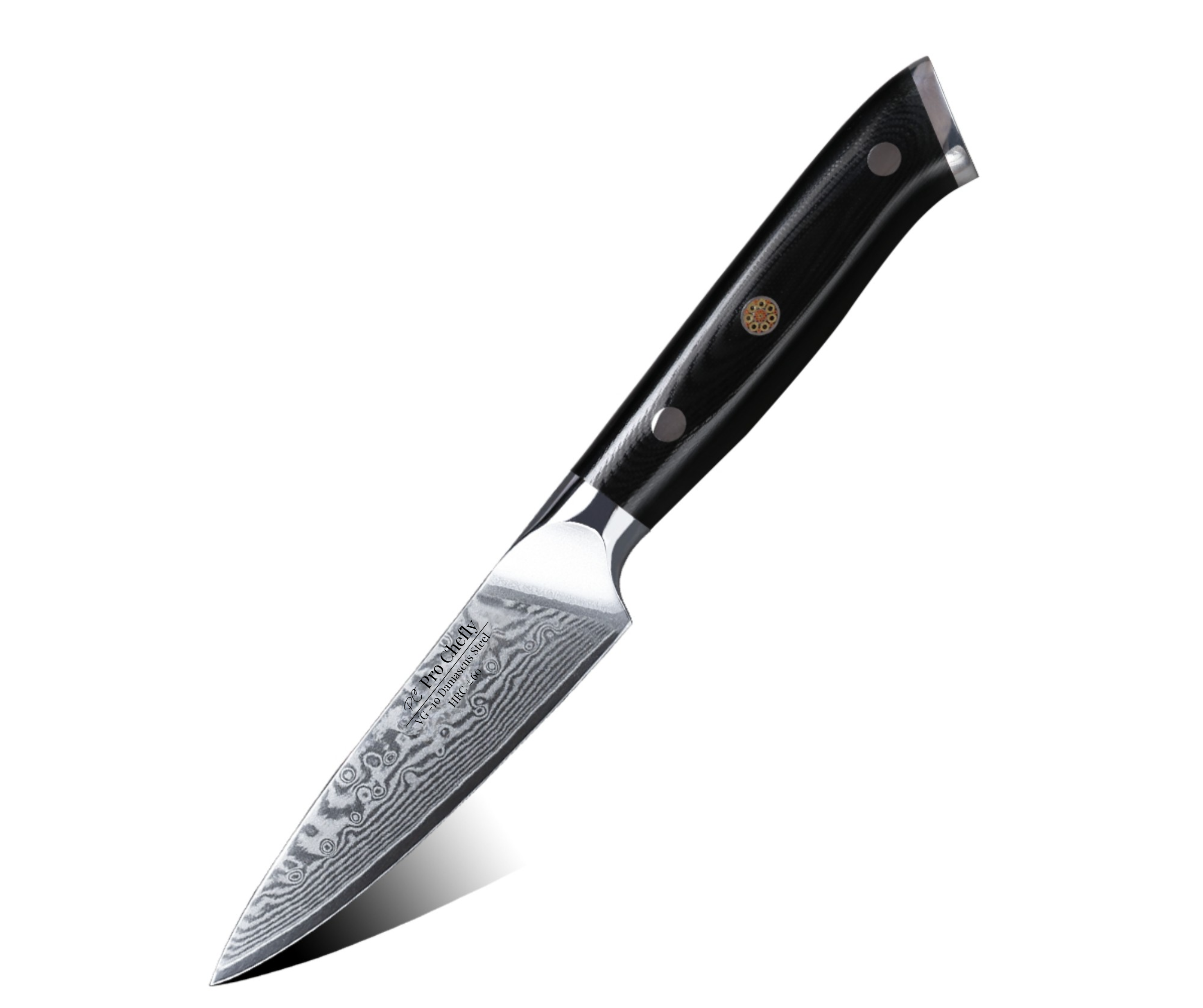 Image of Pro Chefly VG-10 Damascus steel Japanese paring knife with G10 fiberglass handle on white background.