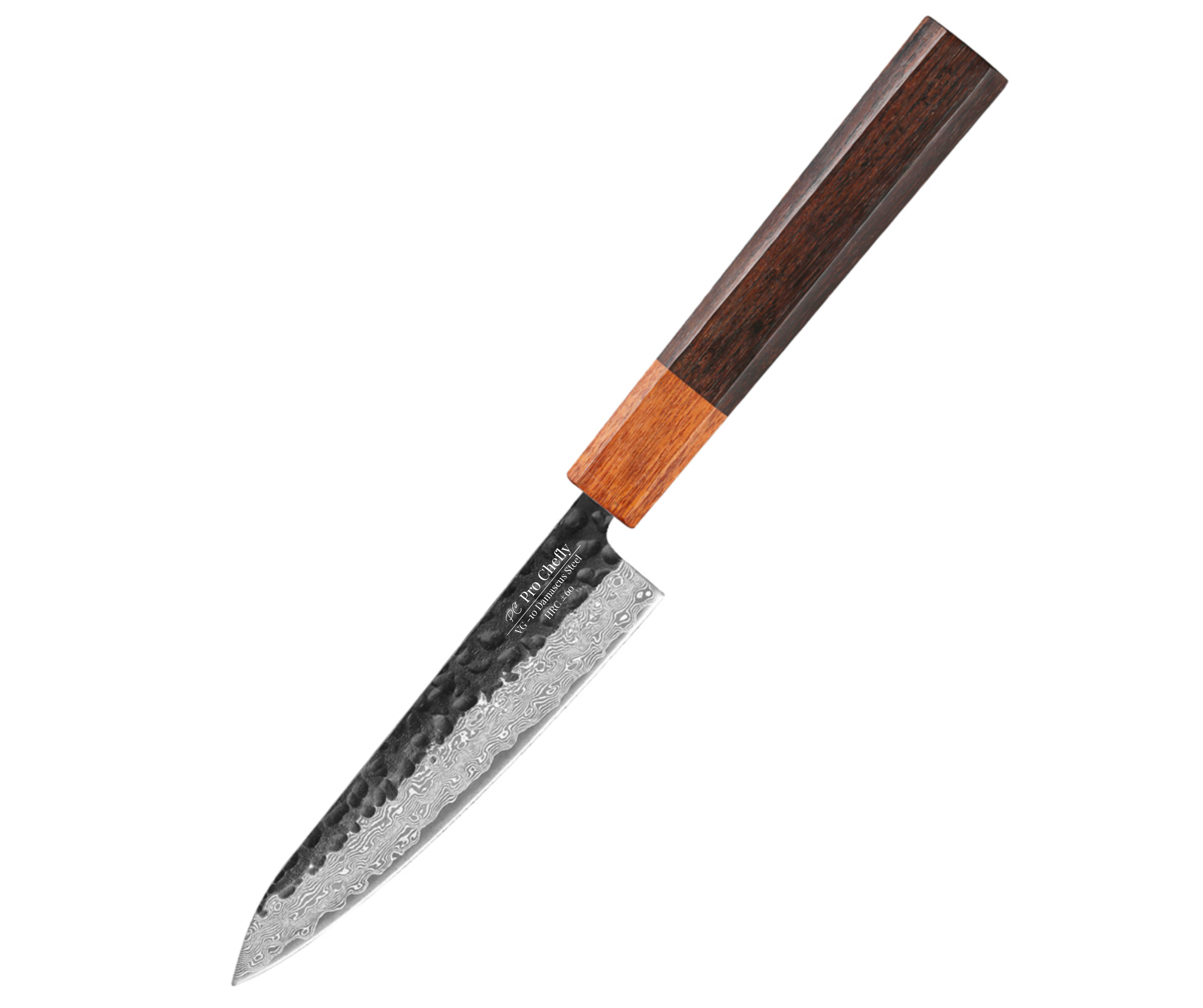 Image of Pro Chefly VG-10 Damascus steel Japanese petty knife with rosewood handle on white background.