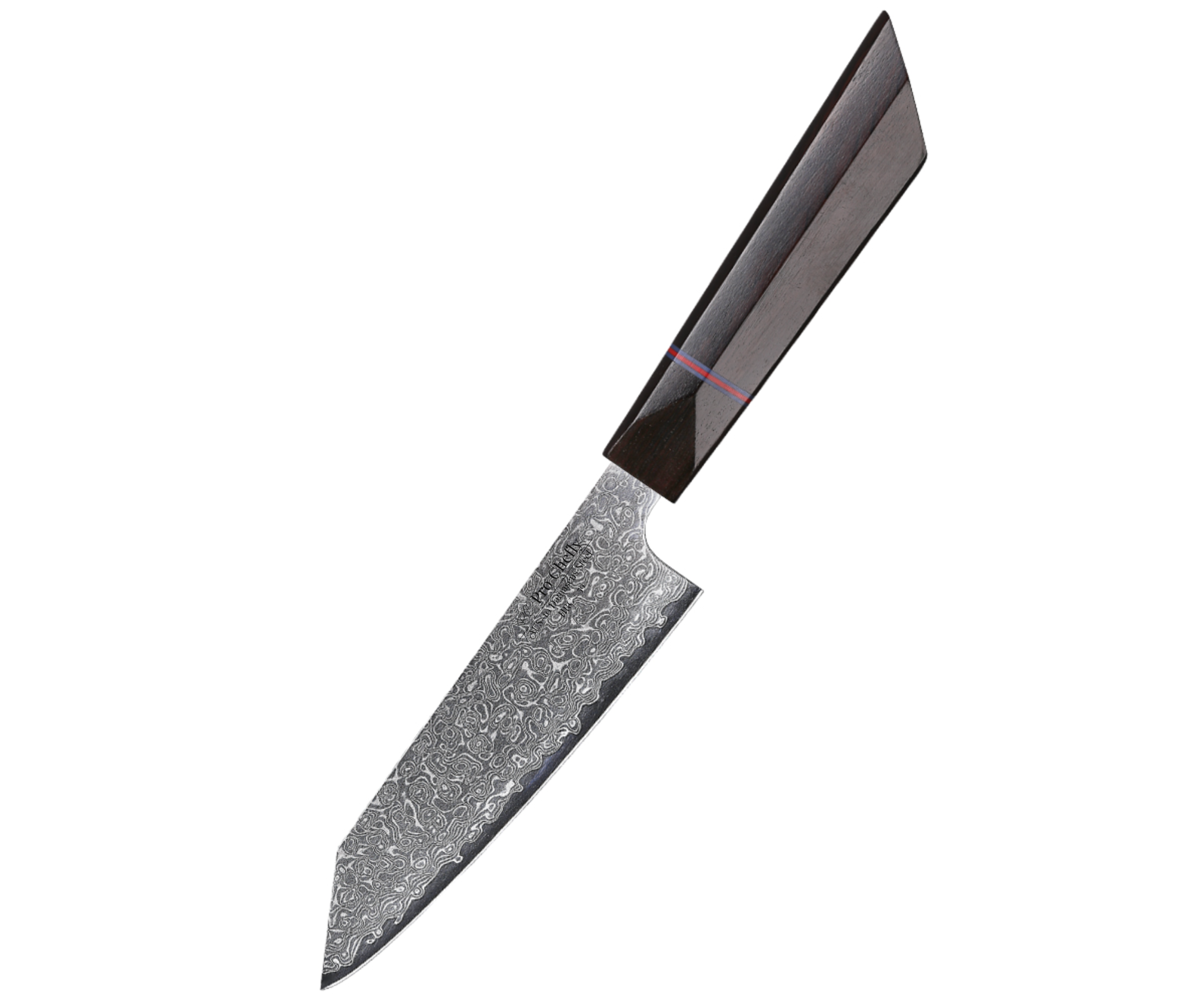 Image of Pro Chefly AUS-10 Damascus steel Japanese petty knife with octagonal blackwood handle on white background.