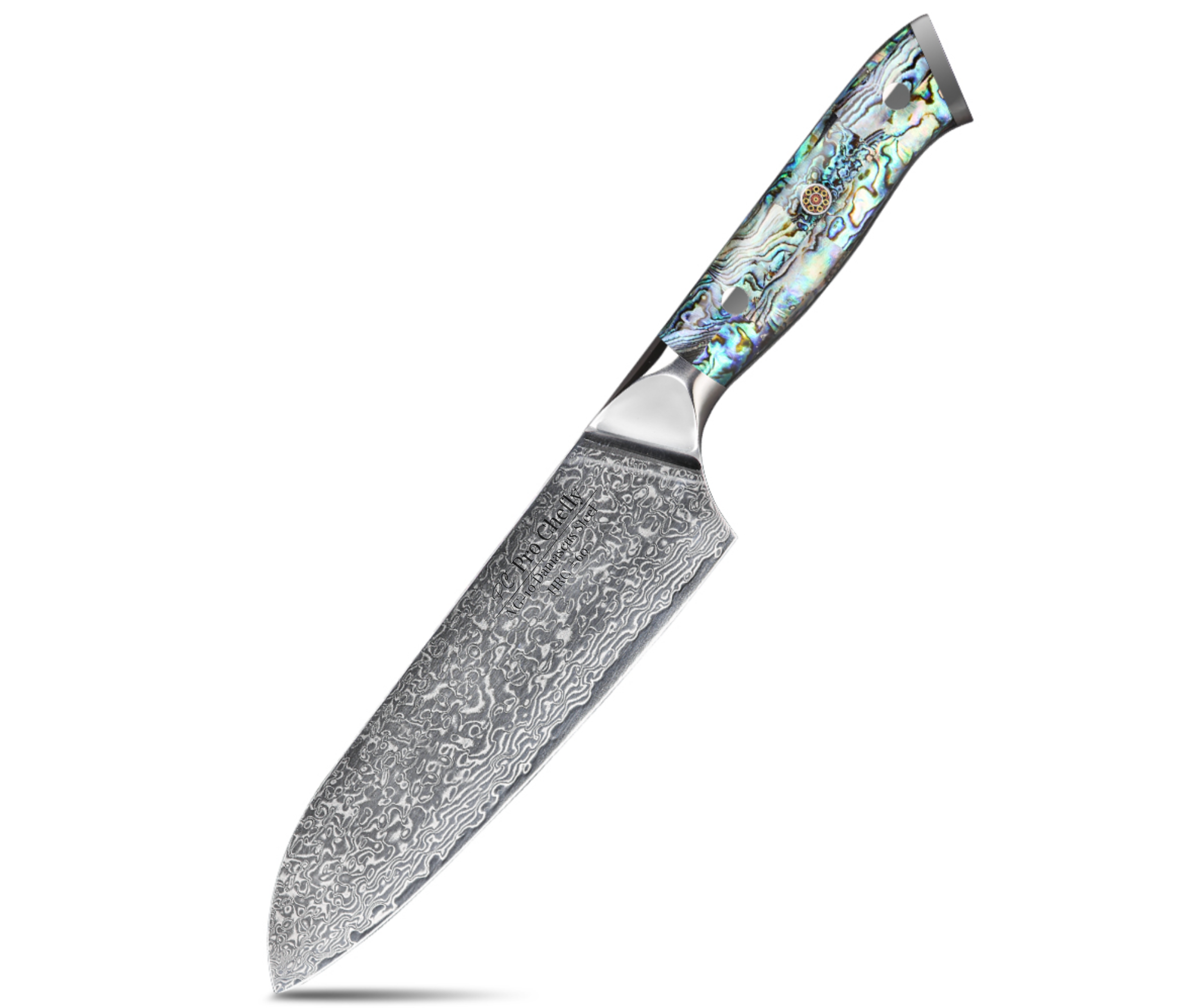 Image of Pro Chefly VG-10 Damascus Steel Santoku Knife with resin handle – premium Japanese precision and intricate Damascus pattern.