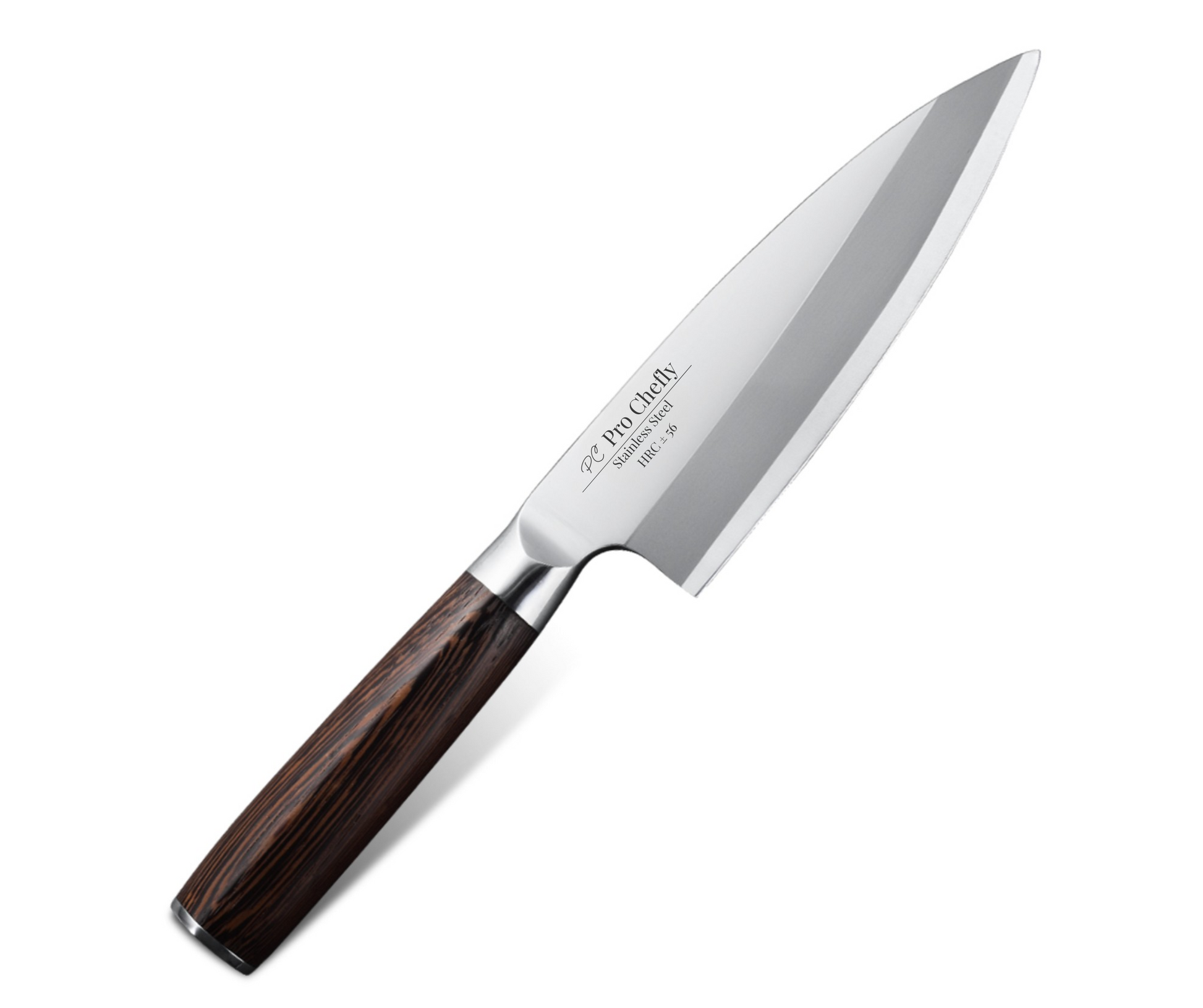 Pro Chefly X50CrMoV15 stainless steel Japanese deba knife with wenge wood handle on white background.