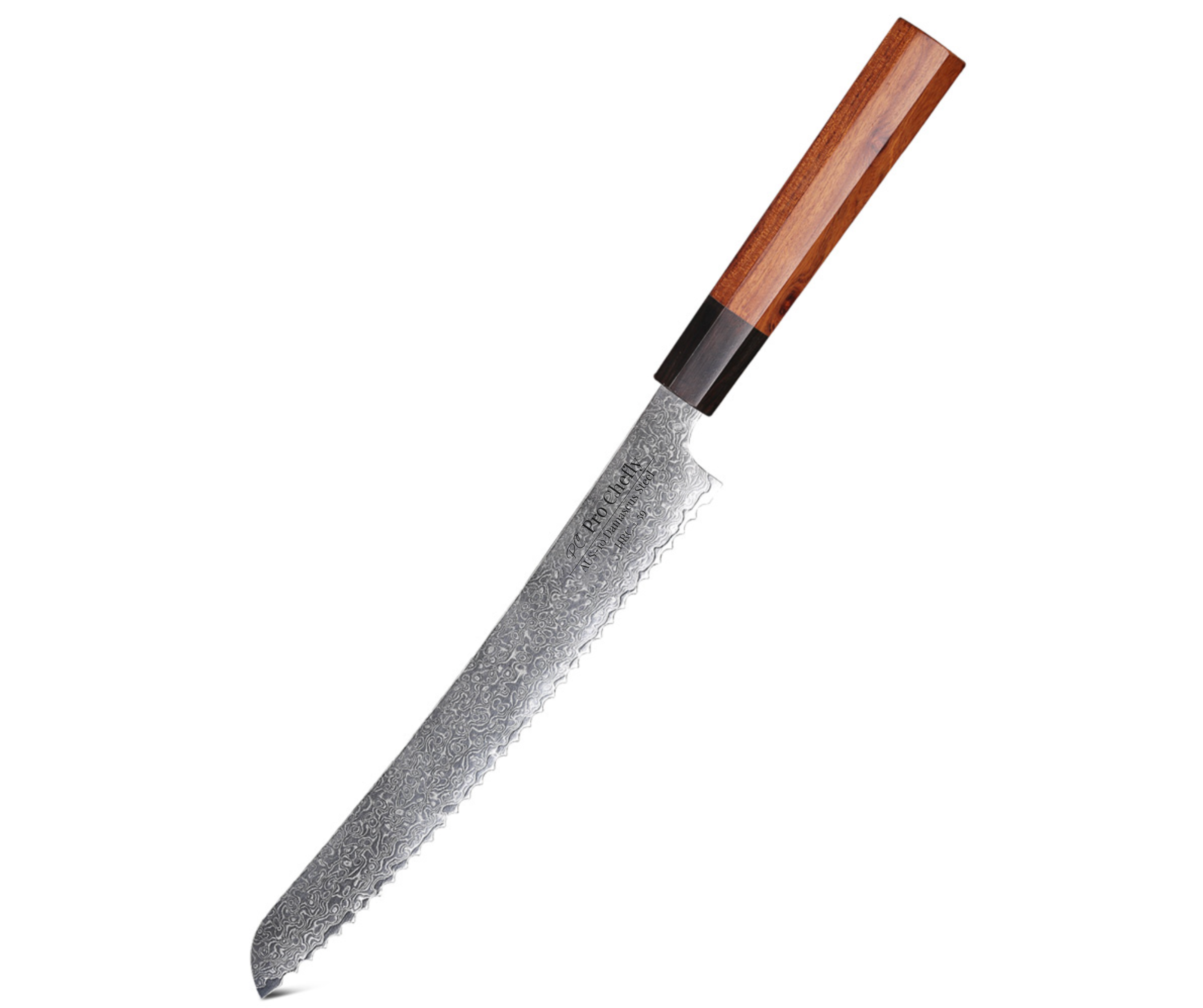 Image of Pro Chefly VG-10 Damascus serrated bread knife with rosewood octagon handle on white background.
