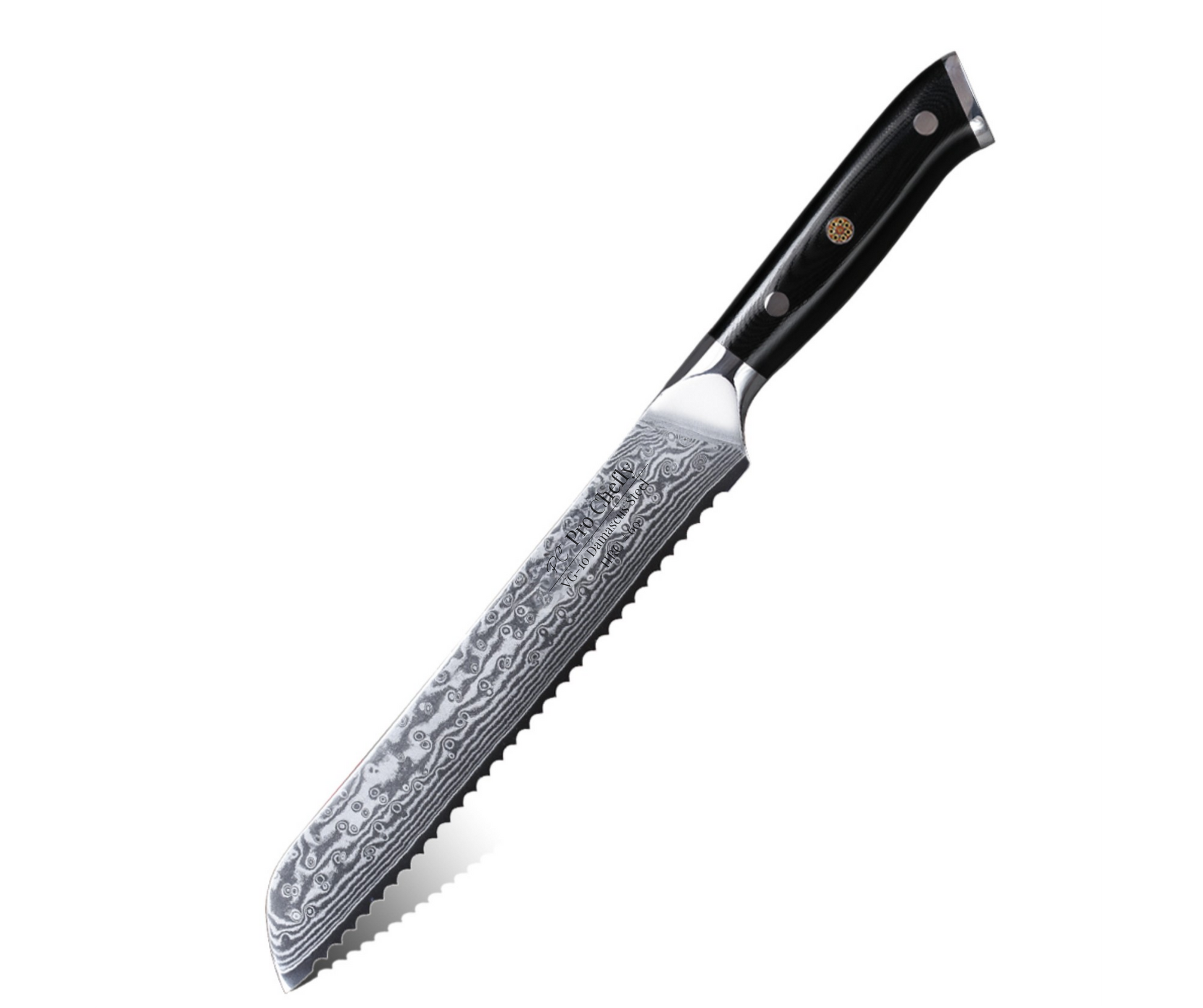 Pro Chefly VG-10 Damascus serrated bread knife with black G10 handle on white background.