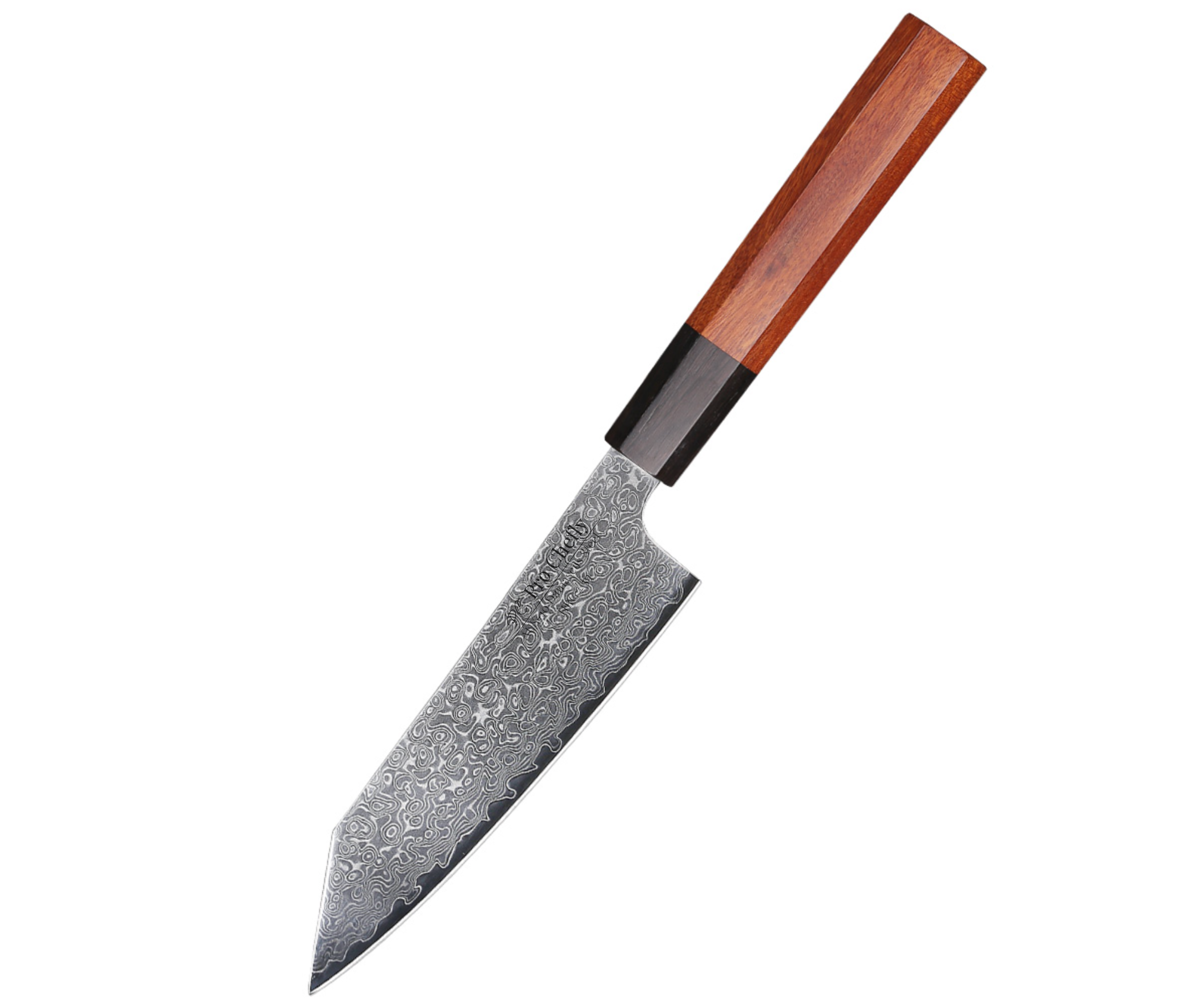Image of Pro Chefly AUS-10 Damascus steel Japanese mini bunka knife with rosewood octagon handle and hammered Damascus blade on white background.