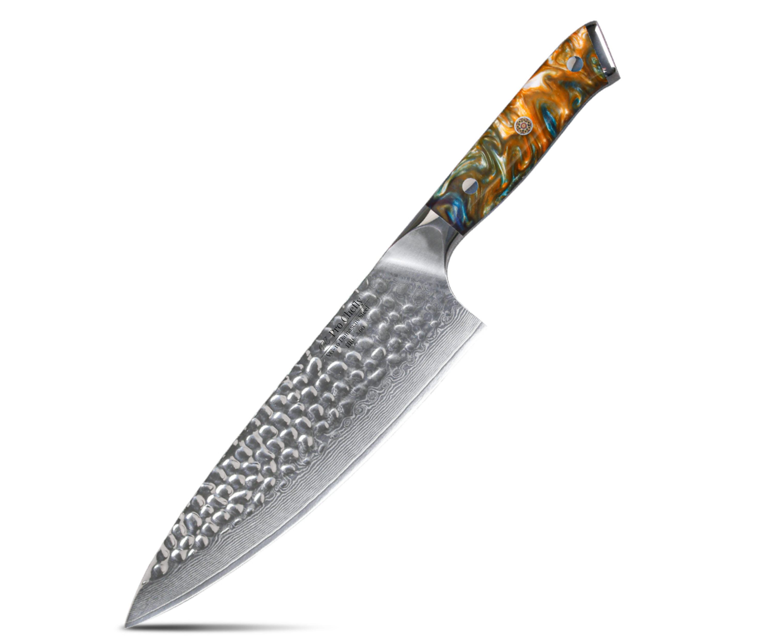 Image of Pro Chefly VG-10 Damascus steel Japanese chef knife with resin handle and hammered Damascus blade on white background.