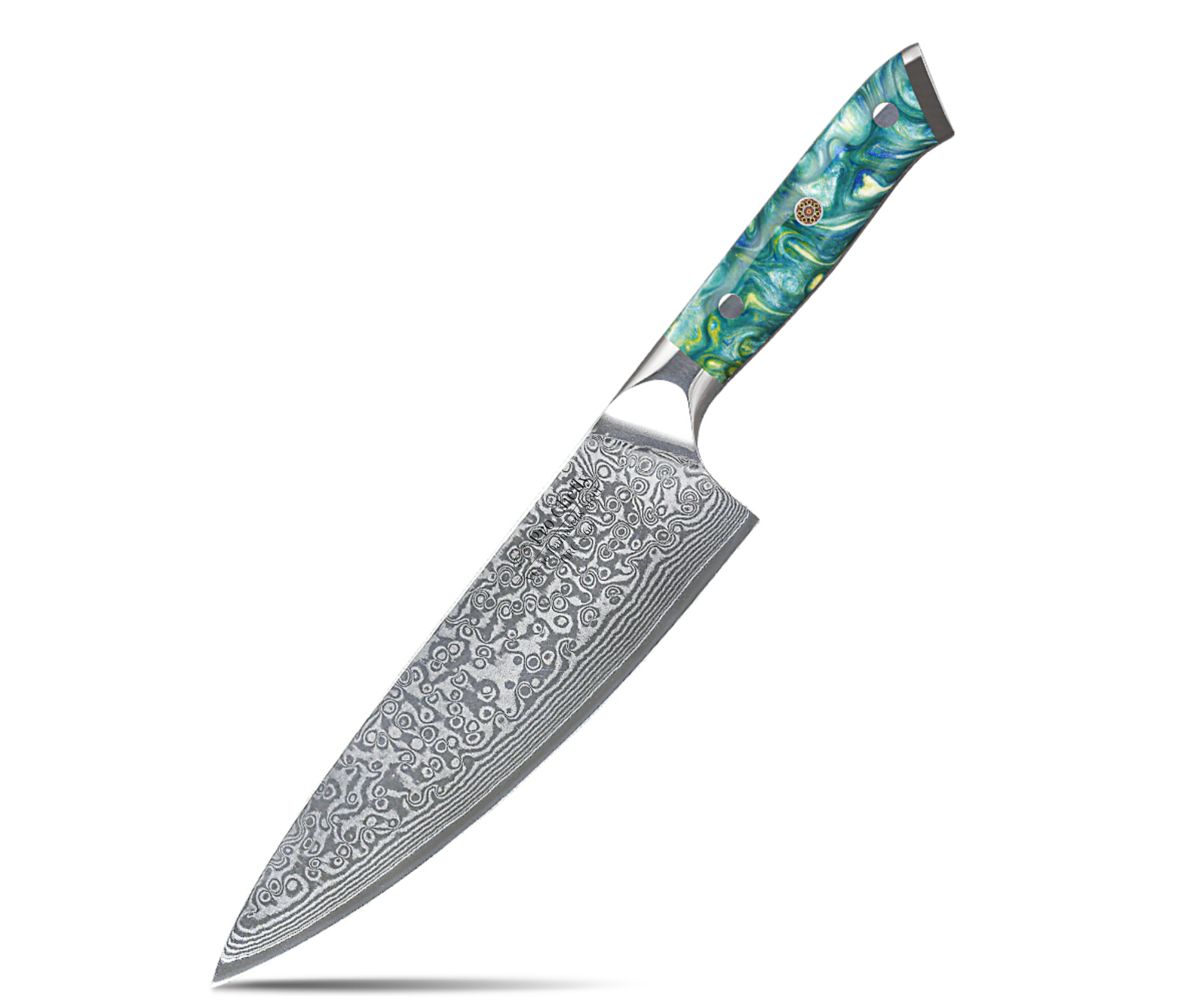 Image of Pro Chefly VG-10 Damascus steel Japanese chef knife with resin handle on white background.