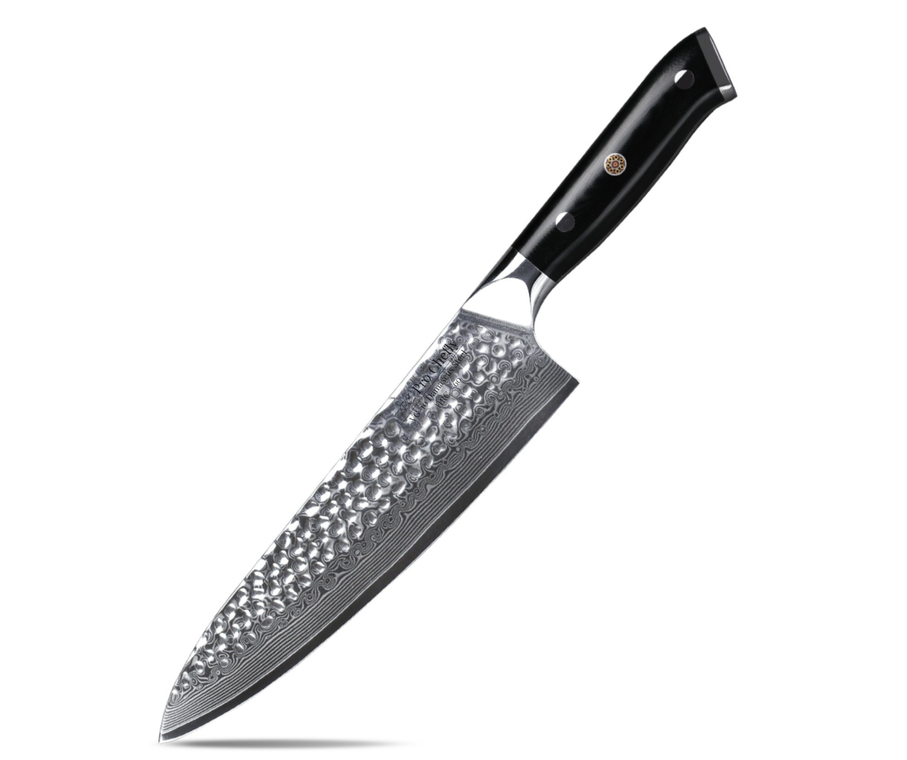 Image of Pro Chefly VG-10 Damascus steel Japanese chef knife with triple-riveted G-10 handle on white background.