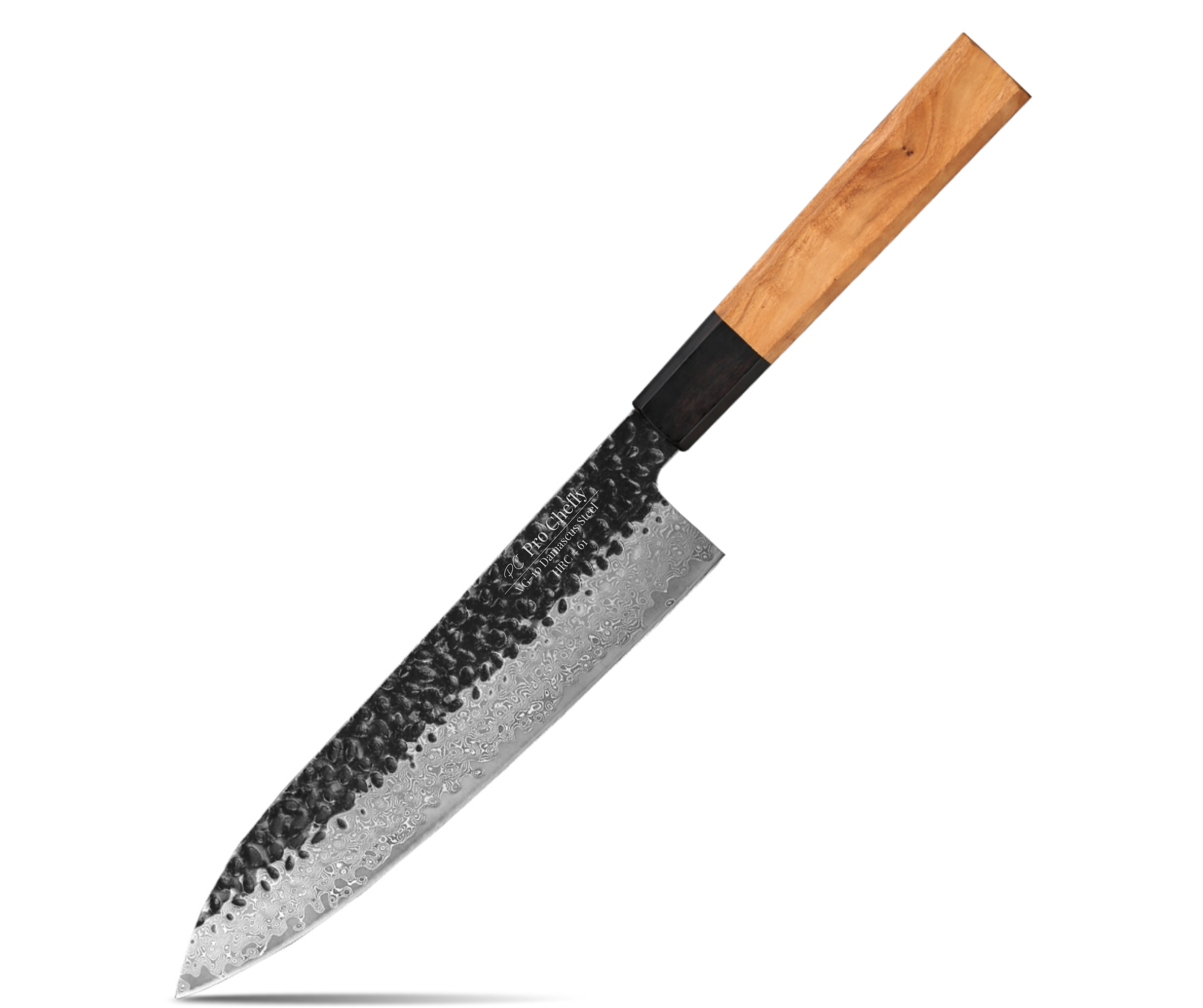 Image of Pro Chefly VG-10 Damascus steel Japanese chef knife with olivewood handle on white background.