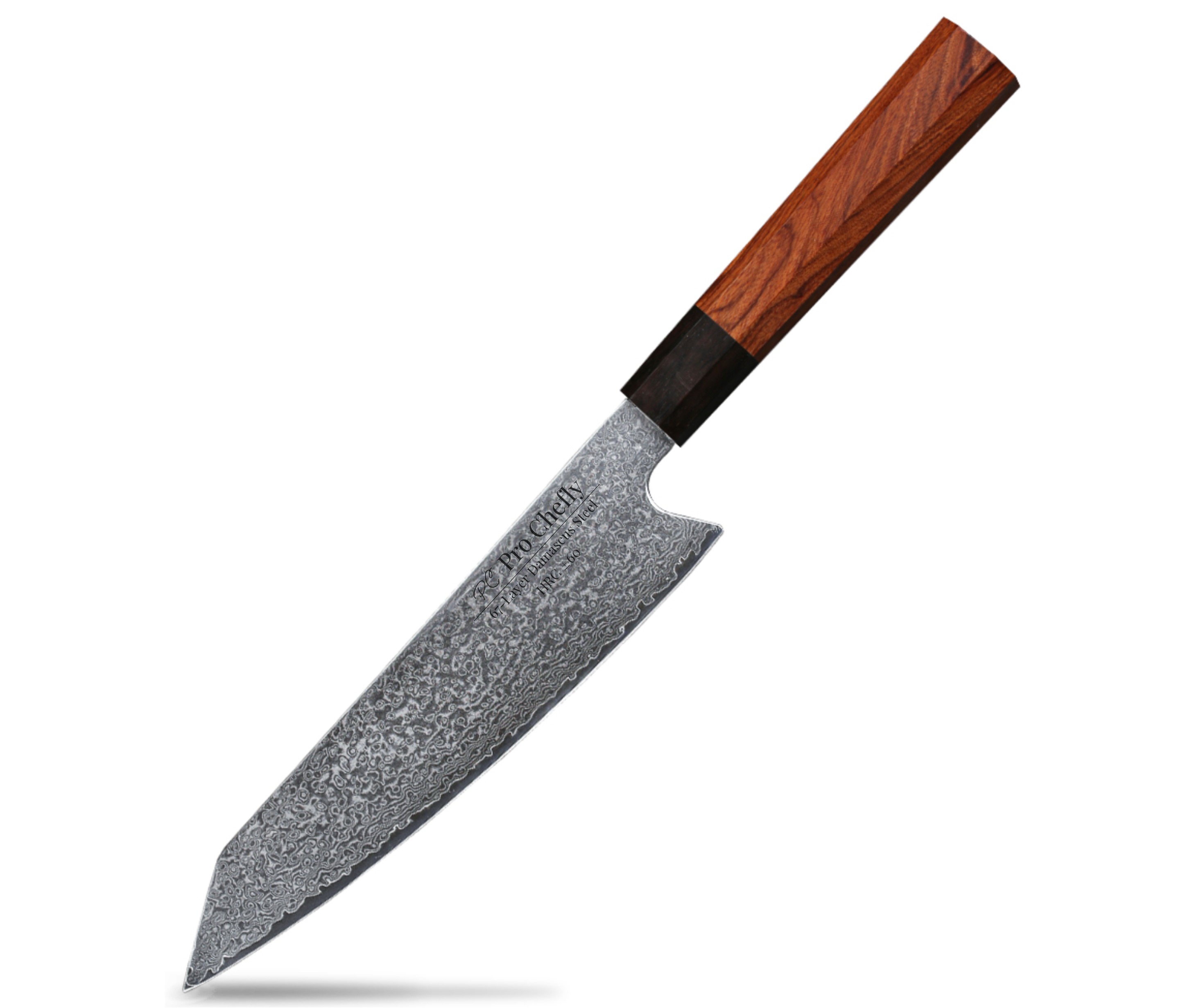 Image of Pro Chefly 67-layer Damascus steel Japanese kiritsuke knife with rosewood handle on white background.