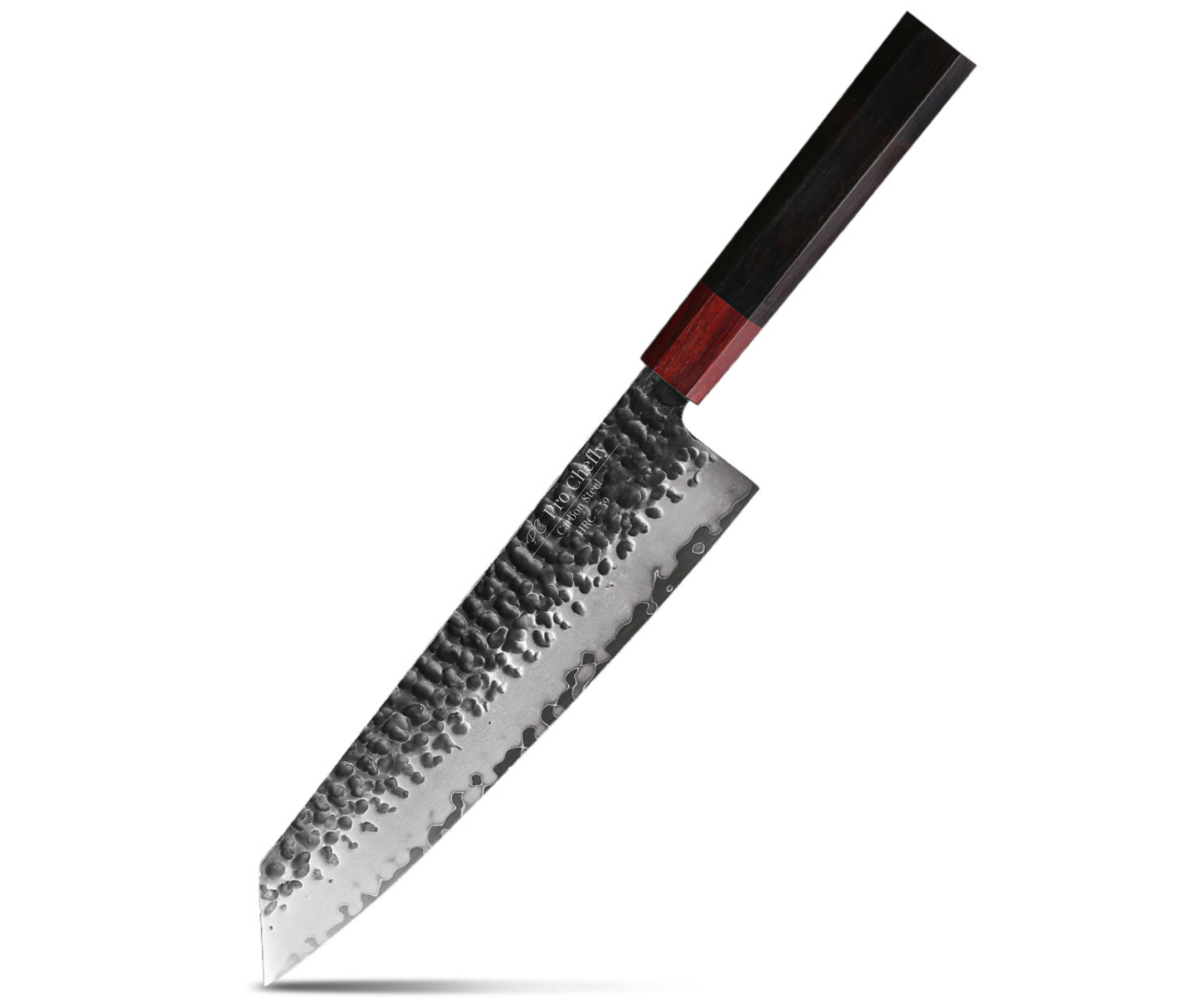 Image of Pro Chefly 3-ply carbon steel Japanese kiritsuke knife with 440C core and pakka wood octagon handle on white background.