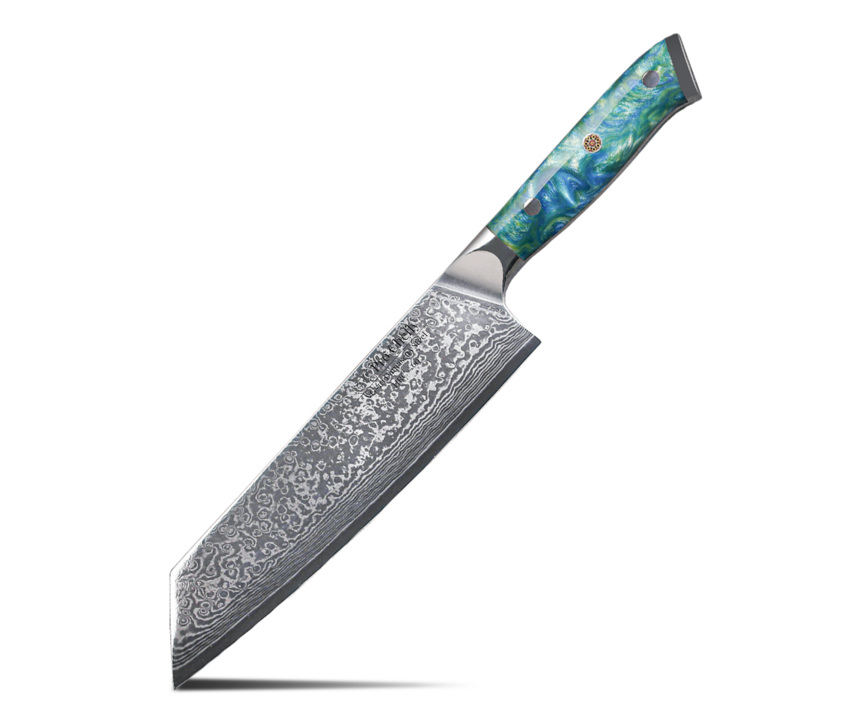 Image of Pro Chefly VG-10 Damascus steel Japanese kiritsuke knife with resin handle on white background.