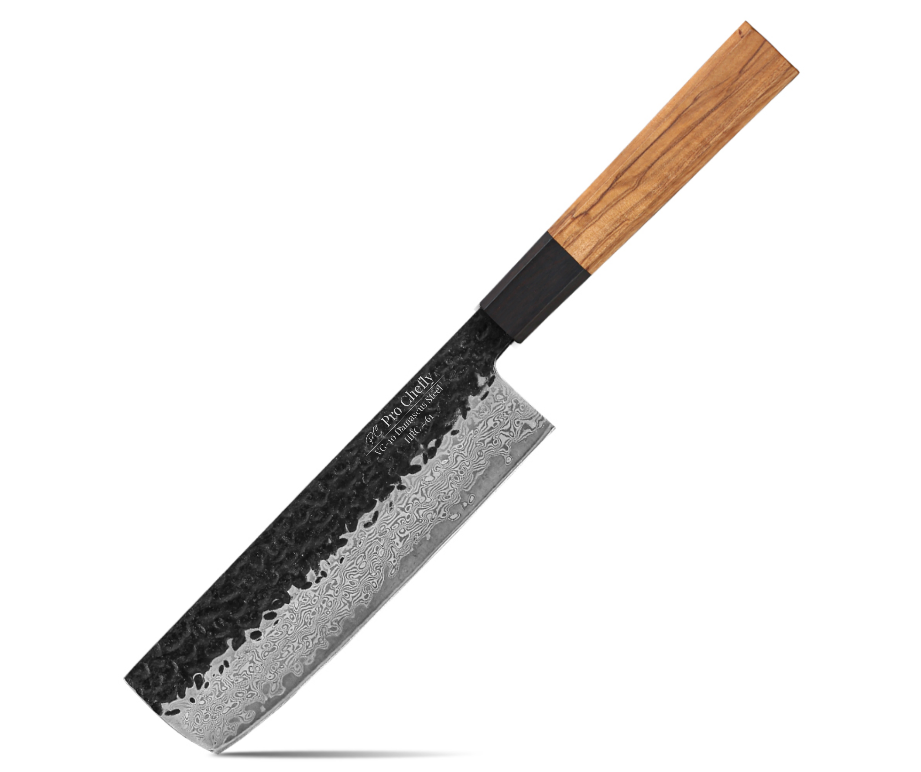 Image of Pro Chefly VG-10 Damascus steel Japanese nakiri knife with olivewood handle on white background.
