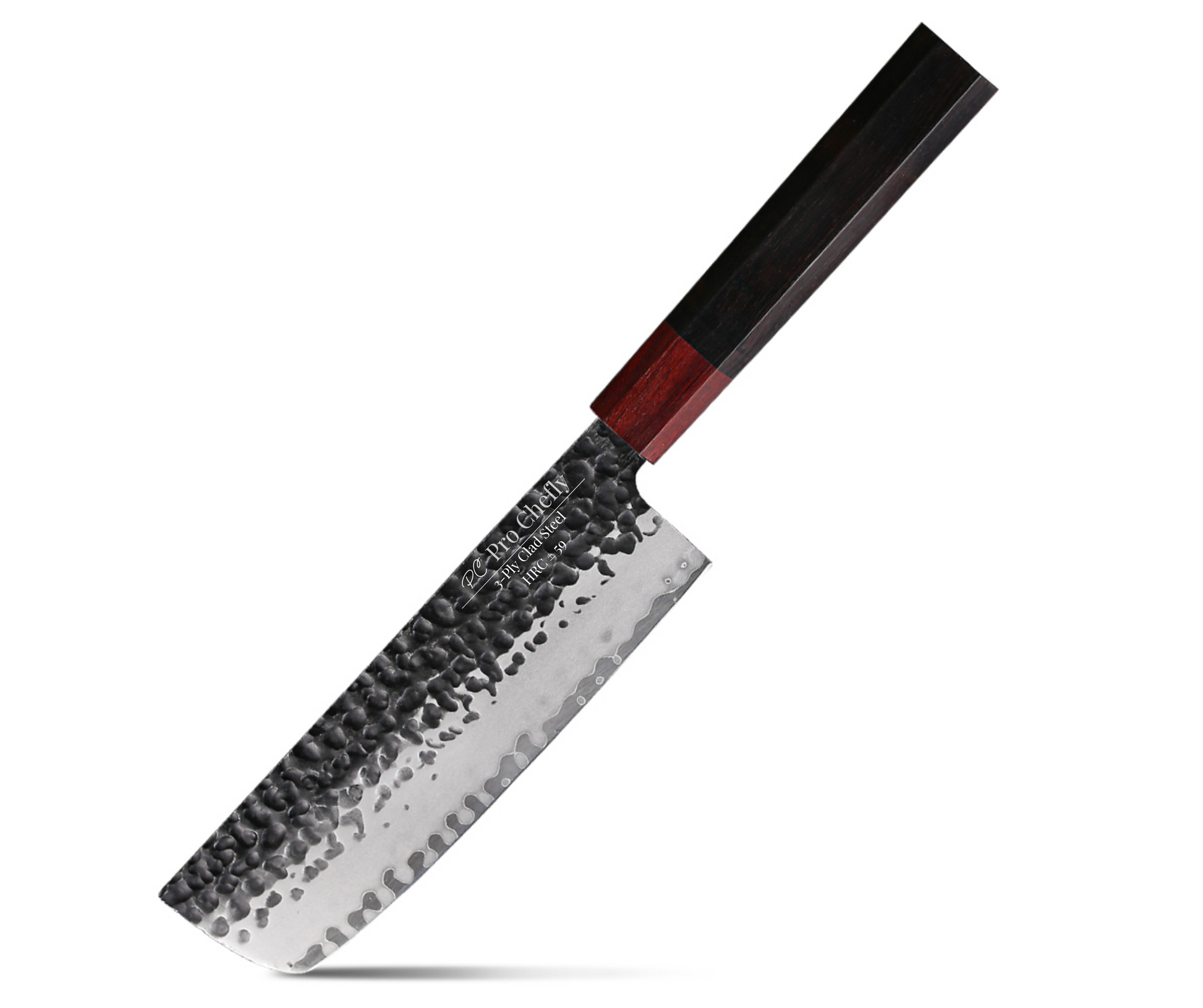 Pro Chefly 440C stainless core Japanese nakiri knife with ebony handle on white background.