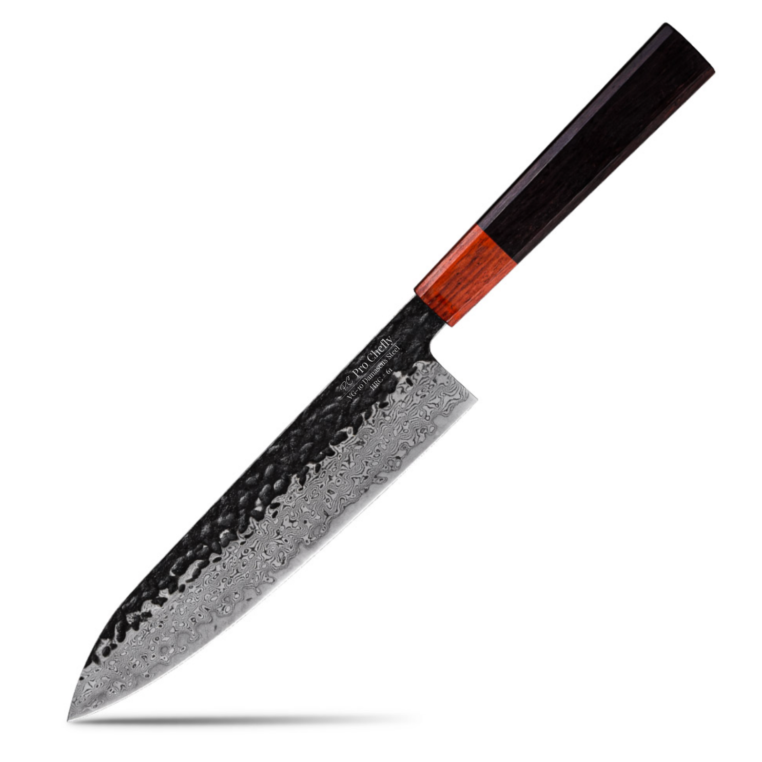 Image of Pro Chefly VG-10 Damascus steel Japanese chef knife with pakkawood handle on a white background.