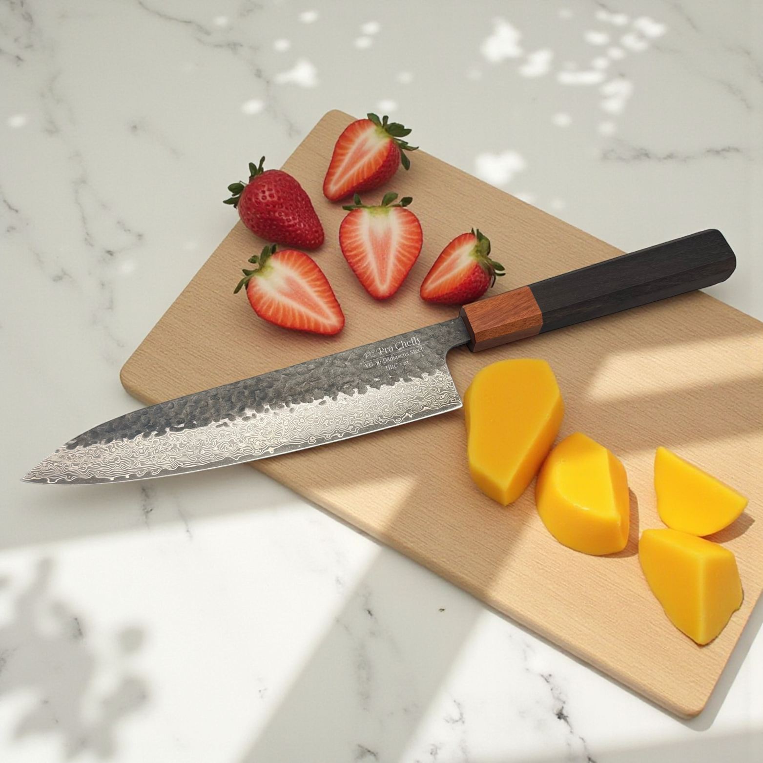 Image of Pro Chefly VG-10 Damascus steel Japanese chef knife with pakkawood handle slicing strawberries and mango on a cutting board.
