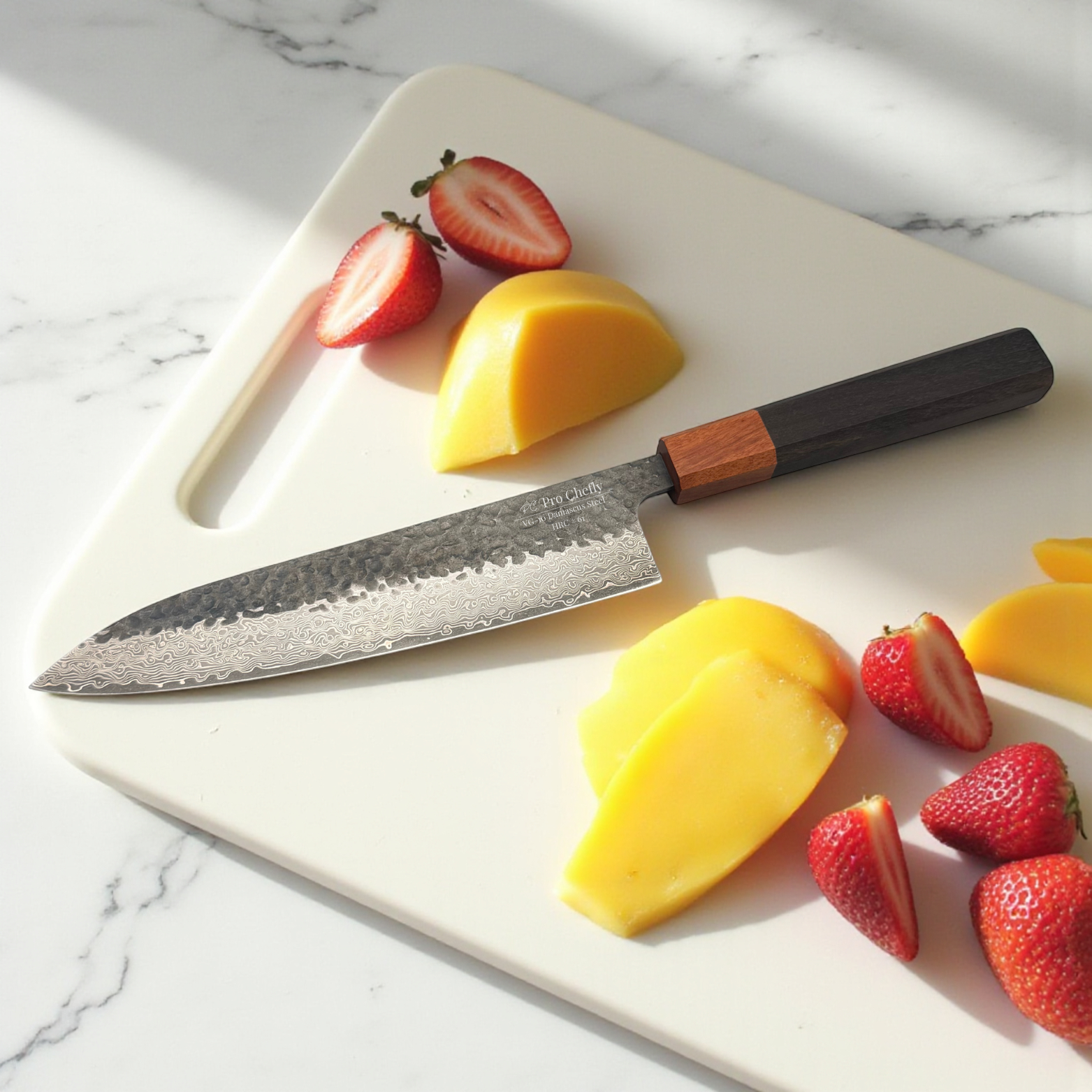 Image of Pro Chefly VG-10 Damascus steel Japanese chef knife with pakkawood handle placed on plate beside cut mango and strawberries.