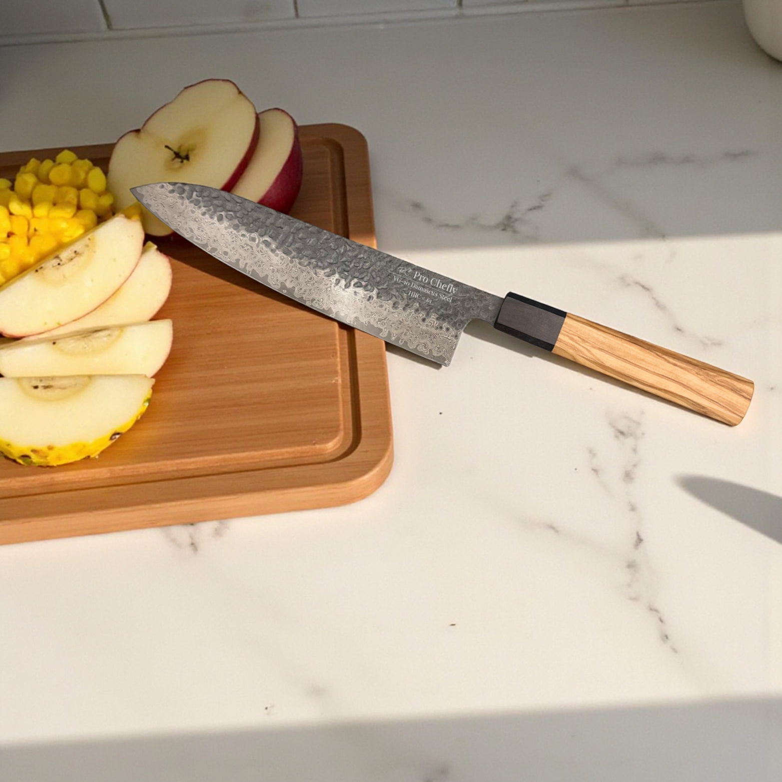 Image of Pro Chefly VG-10 Damascus steel Japanese chef knife with olivewood handle cutting apples on marble surface.