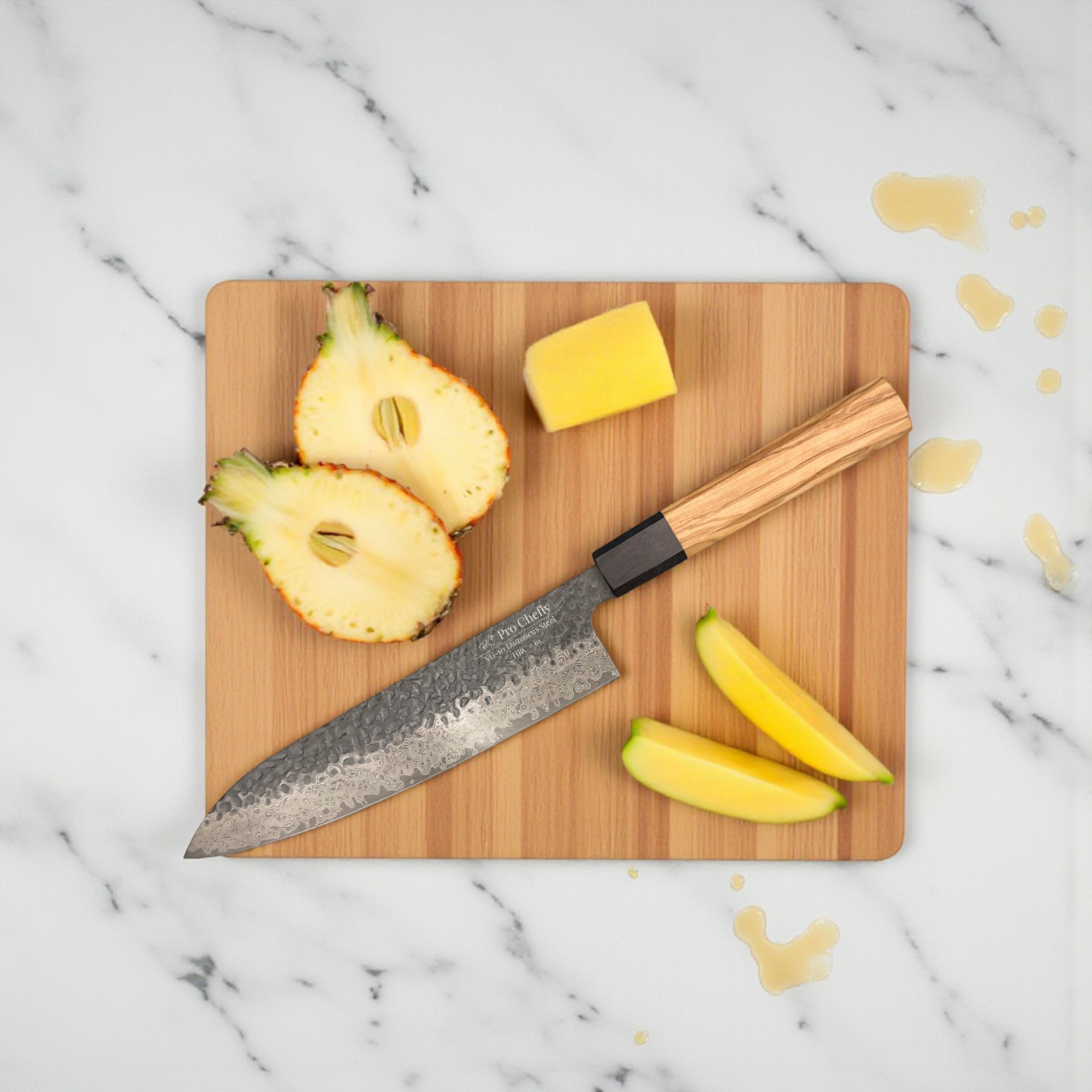 Image of Pro Chefly VG-10 Damascus steel Japanese chef knife with olivewood handle slicing pineapple on wooden cutting board.