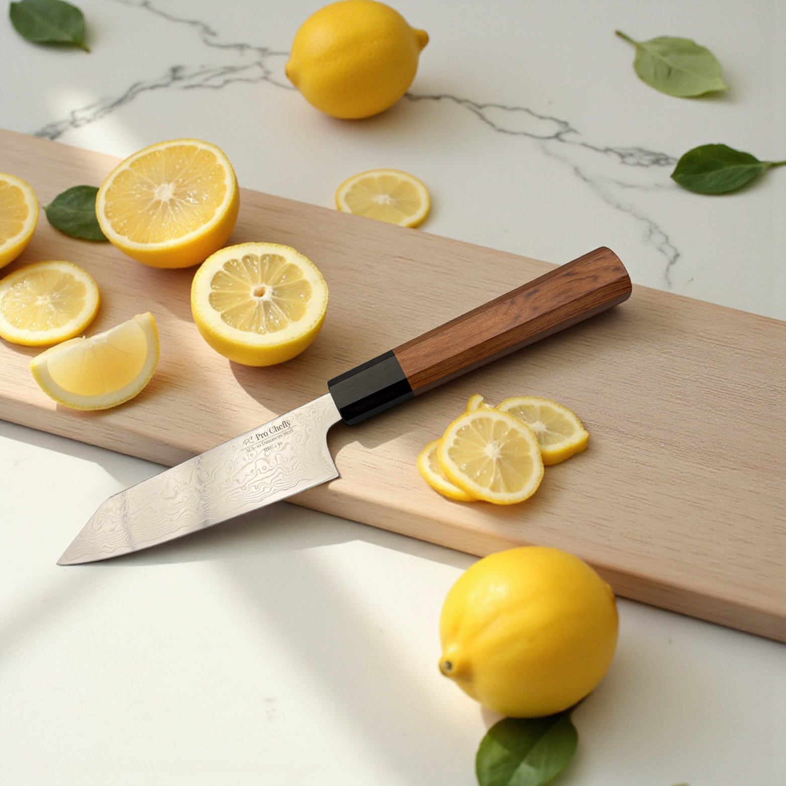 Image of Pro Chefly AUS-10 Damascus steel Japanese mini bunka knife with rosewood octagon handle on wood board with sliced lemon wedges.