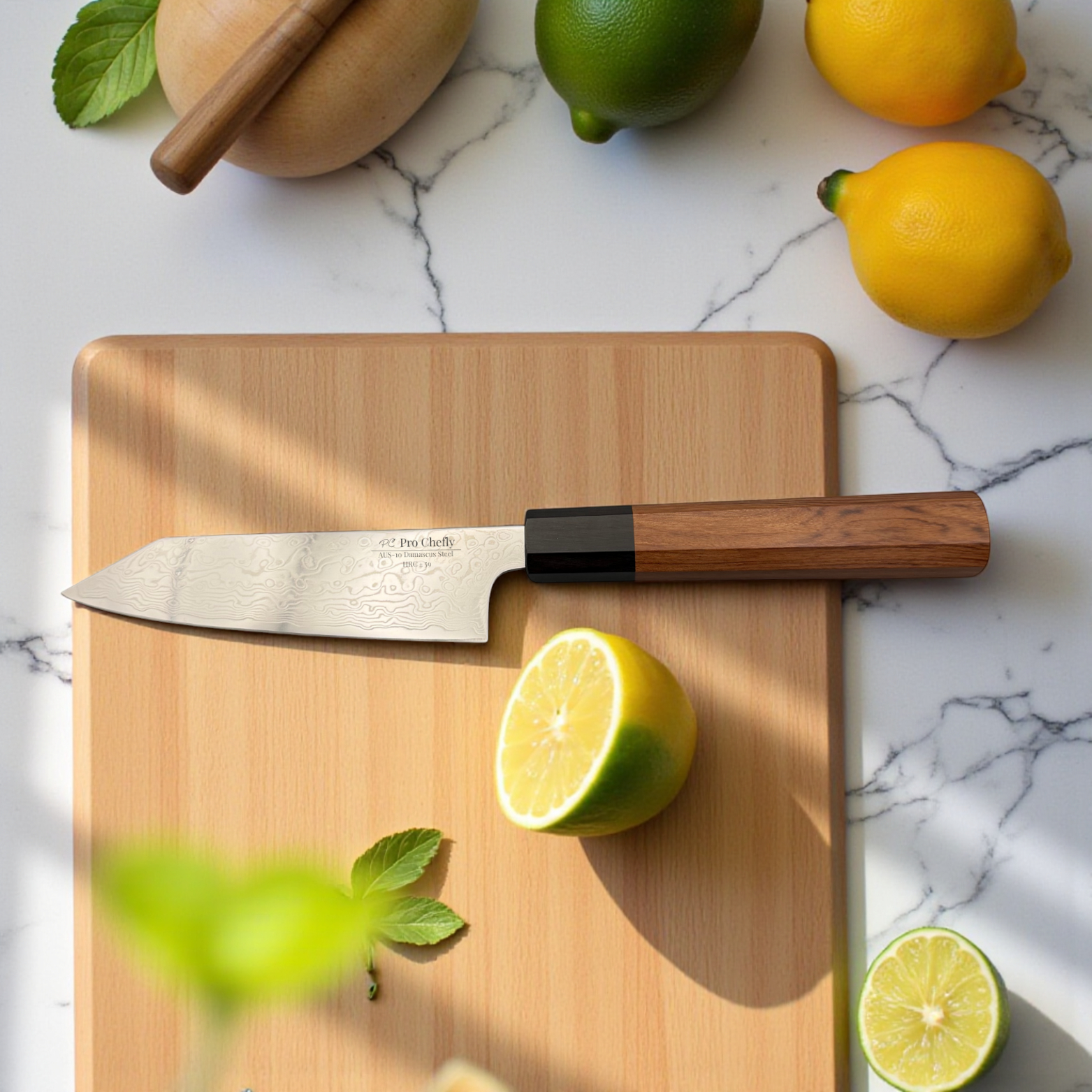 Image of Pro Chefly AUS-10 Damascus steel Japanese mini bunka knife with rosewood octagon handle placed on wood block with lemons.