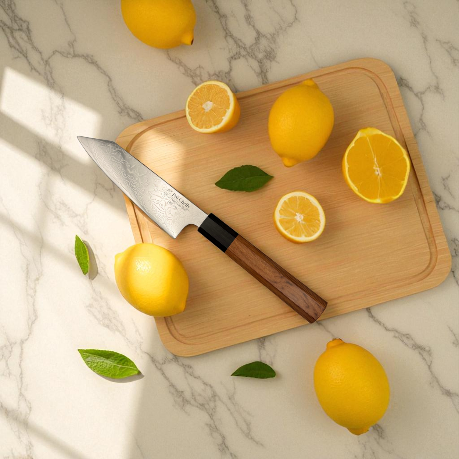 Pro Chefly AUS-10 Damascus steel Japanese mini bunka knife with rosewood octagon handle beside whole and sliced lemons on marble.