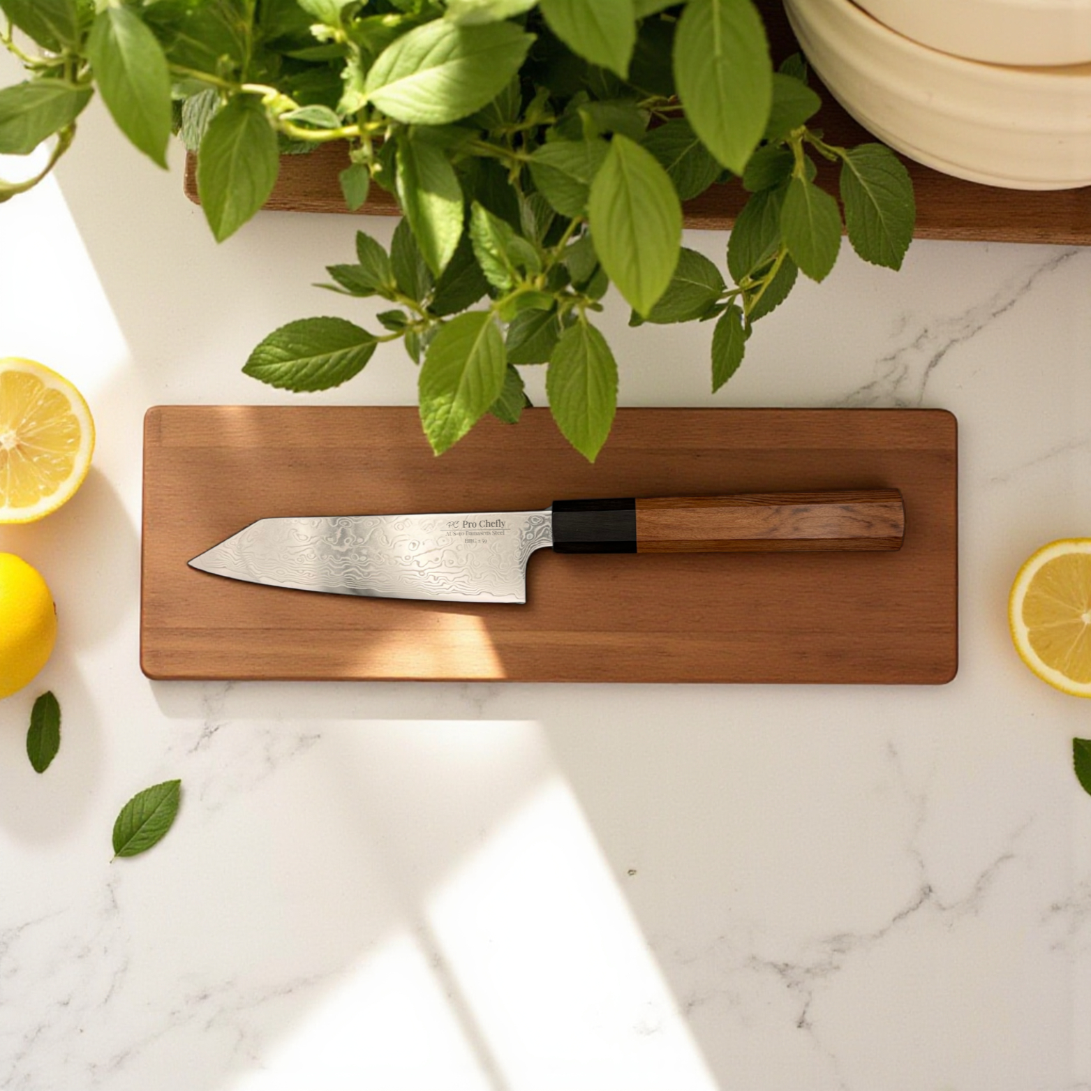 Image of Pro Chefly AUS-10 Damascus steel Japanese mini bunka knife with rosewood octagon handle on wood cutting board with lemons and greenery.