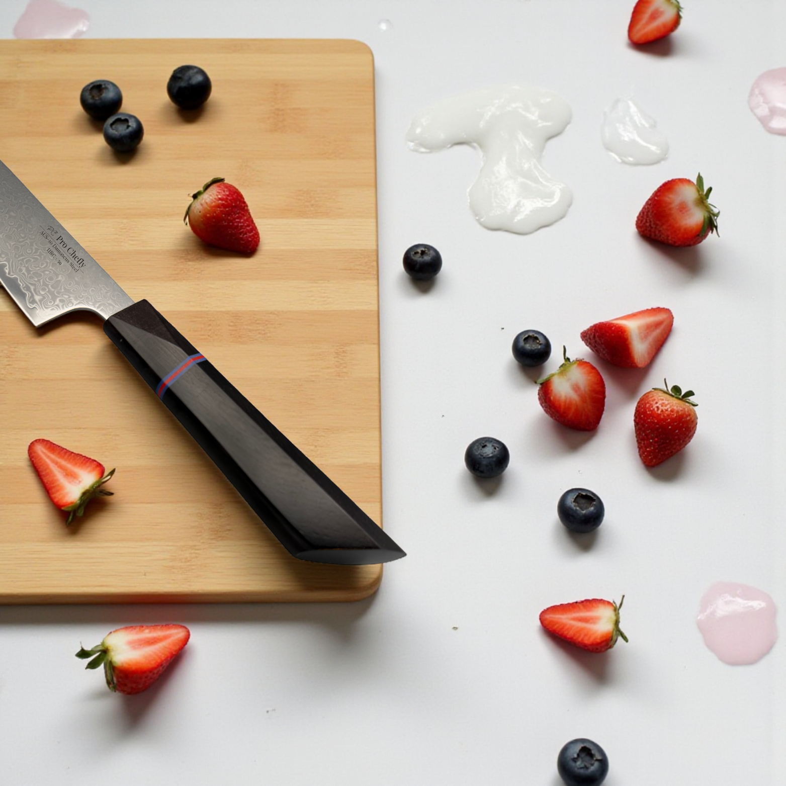 Image of Pro Chefly AUS-10 Damascus steel Japanese petty knife next to berries and juice on wooden cutting board.